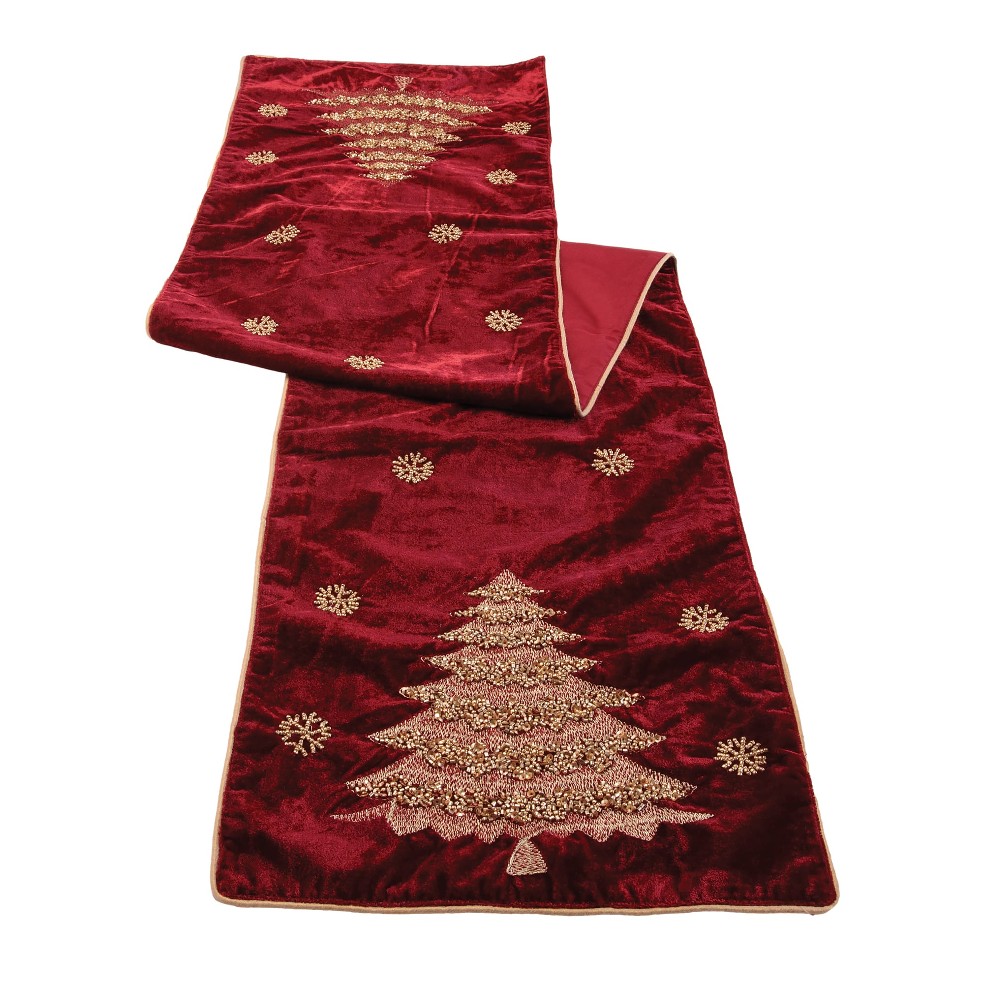 Melrose 70" x 14" Red & Gold Embroidered Pine Tree Table Runner