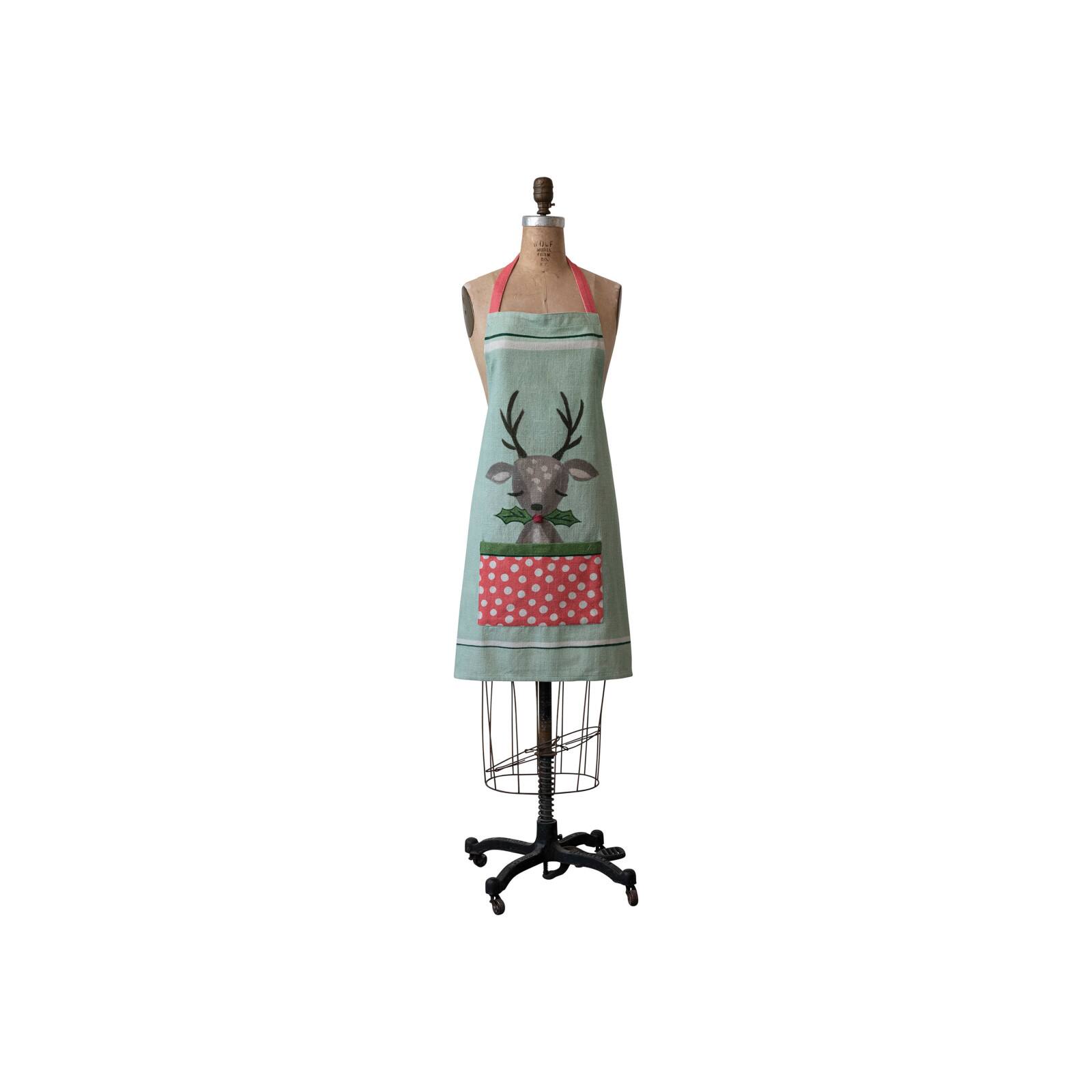 Hello Honey® Multicolor Reindeer, Holly & Polka Dot Pocket Cotton Slub Printed Apron