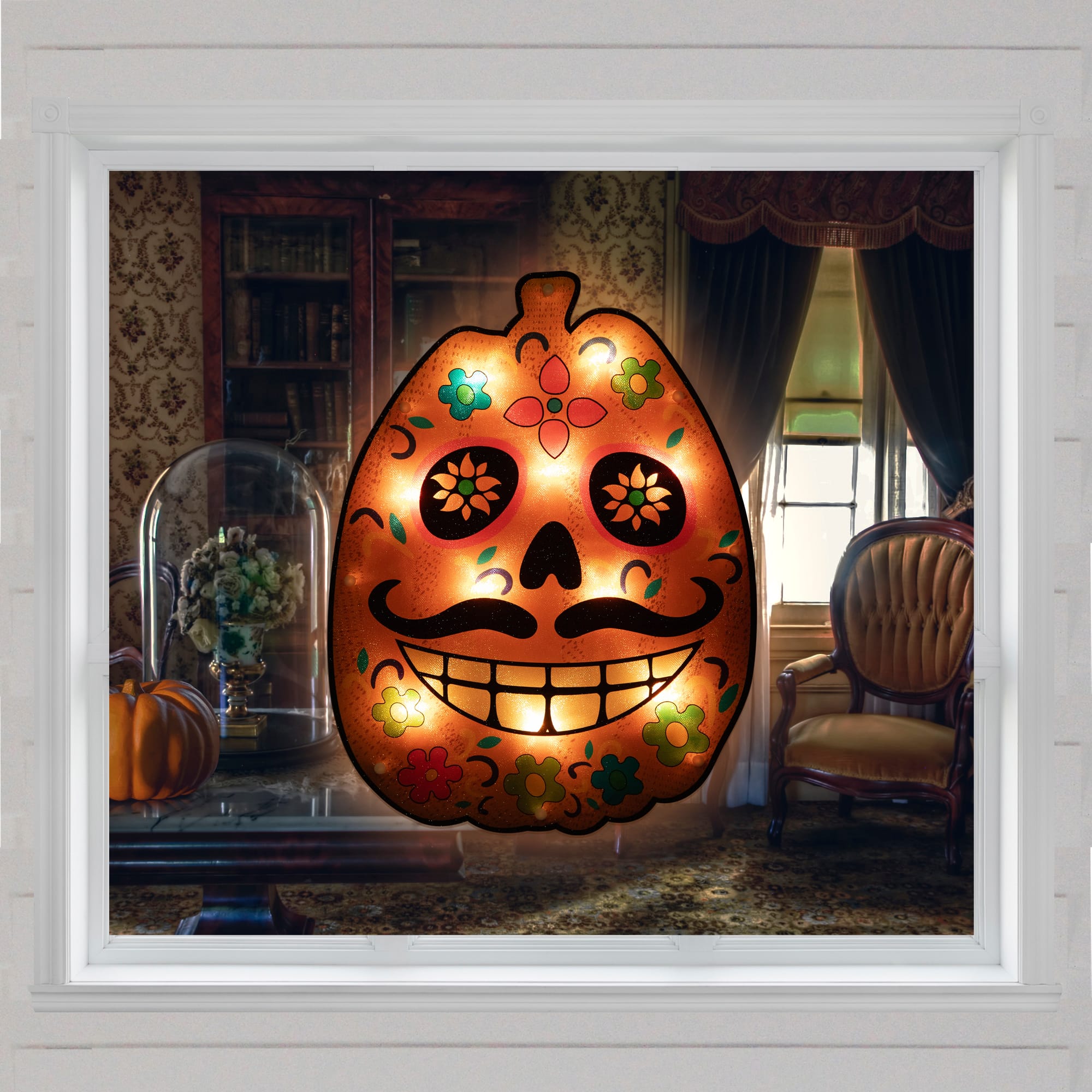 15" Lighted Sugar Skull Pumpkin Halloween Window Silhouette