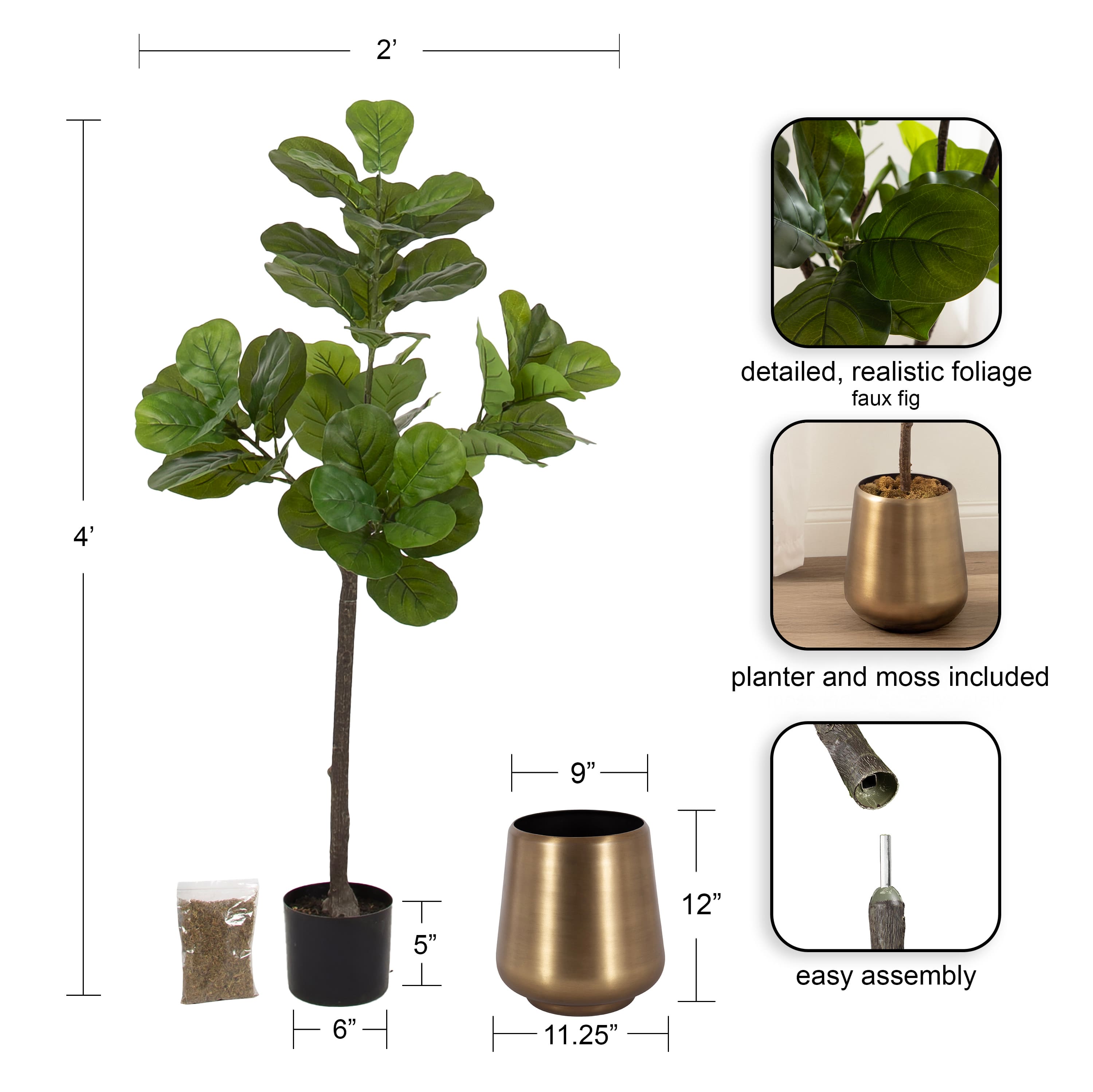 Kate and Laurel Fidmont 4ft. Faux Fiddle Fig Tree with Portell Planter