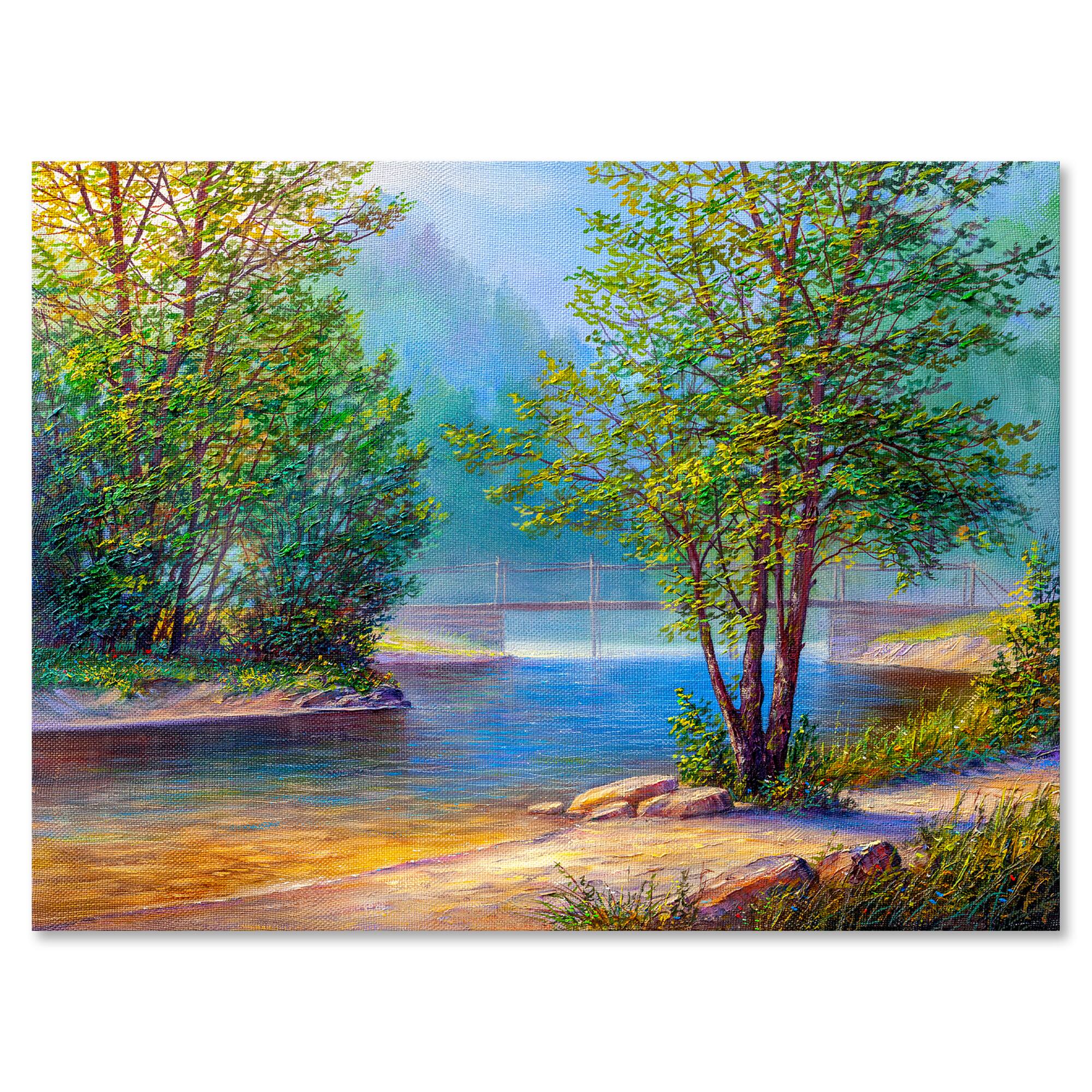 Designart - Green Trees By The Riverside - Traditional Canvas Wall Art Print