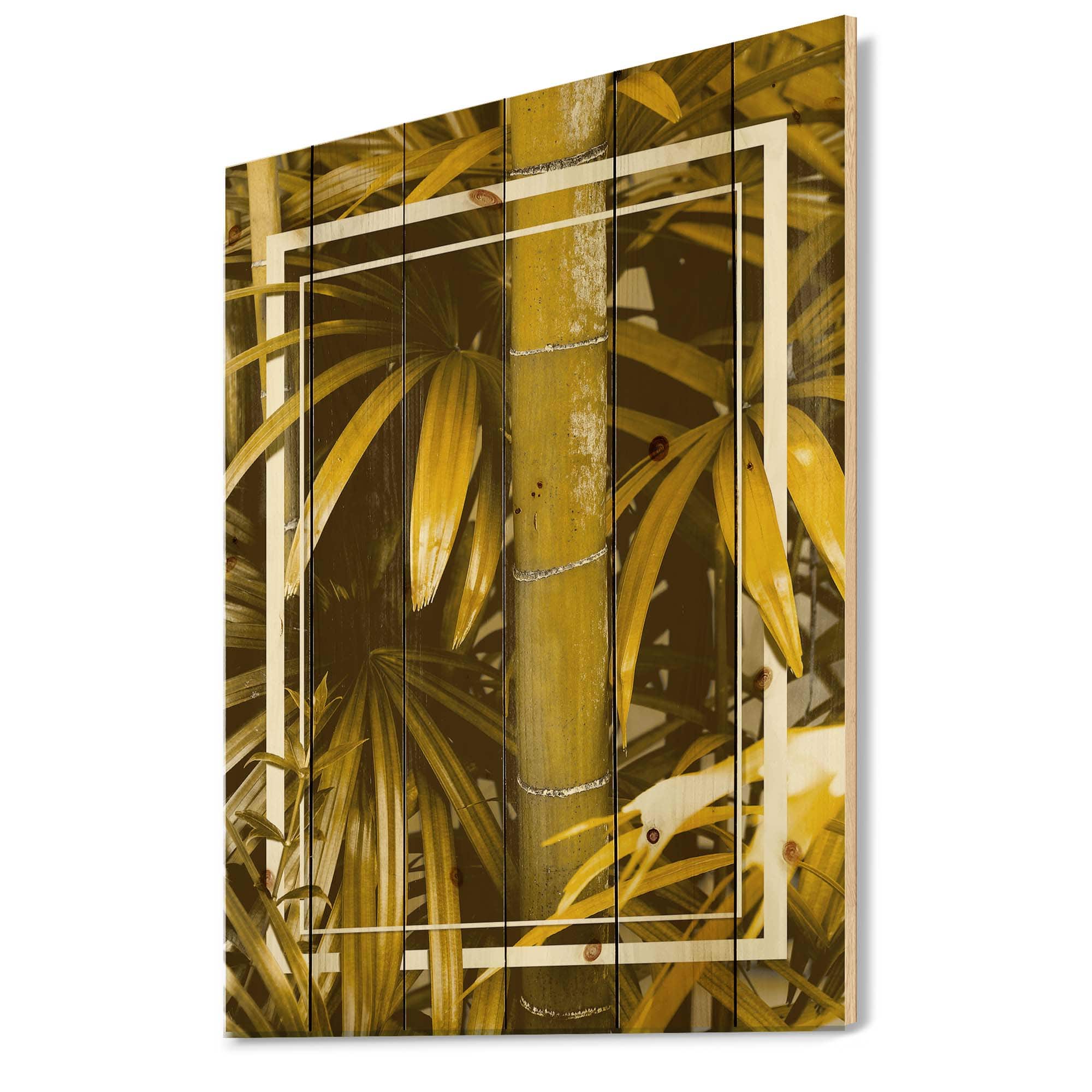 Designart - Yellow Bamboo and Tropical Leaves - Tropical Print on Natural Pine Wood