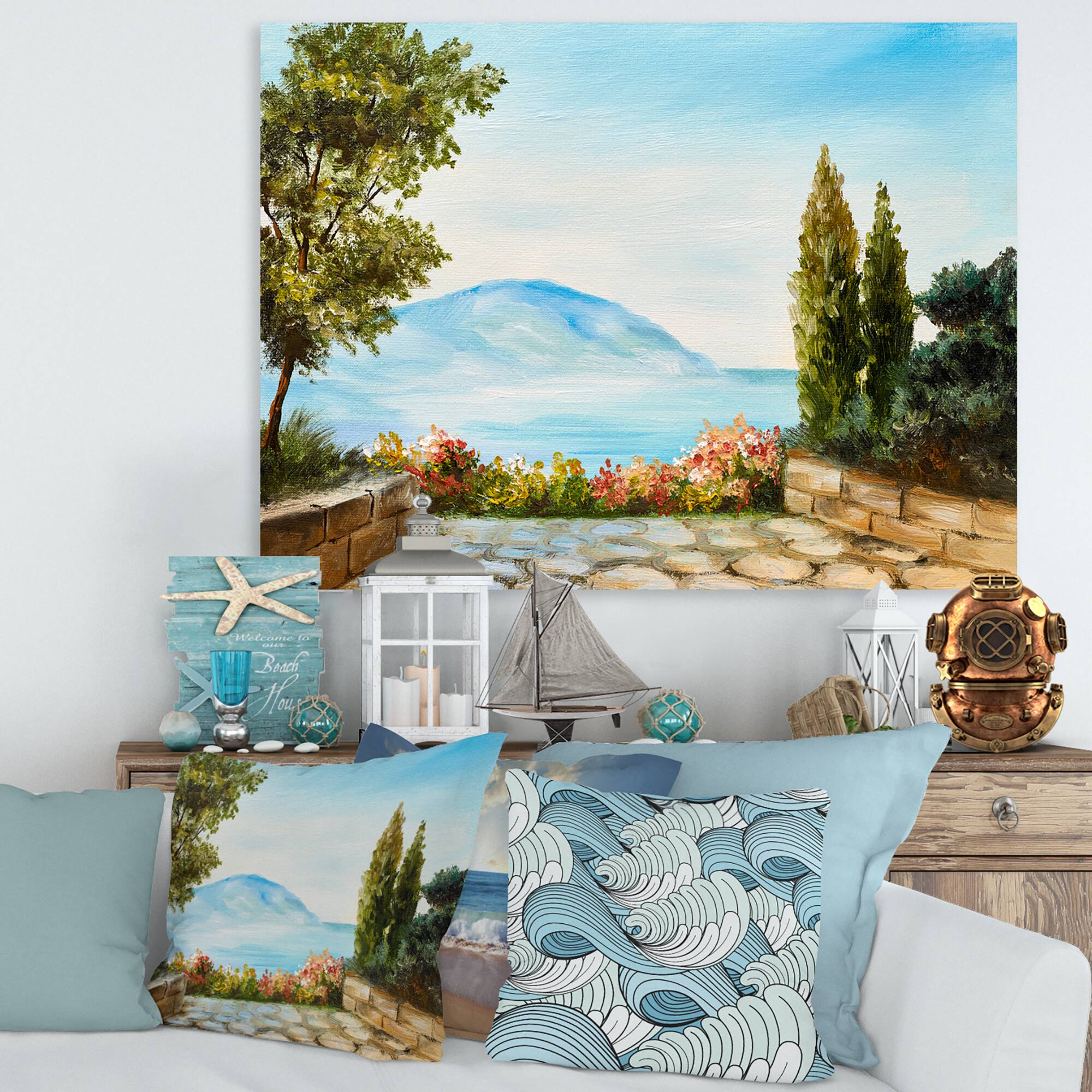 Designart - Mountains View By The Sea Side - Nautical & Coastal Canvas Wall Art Print