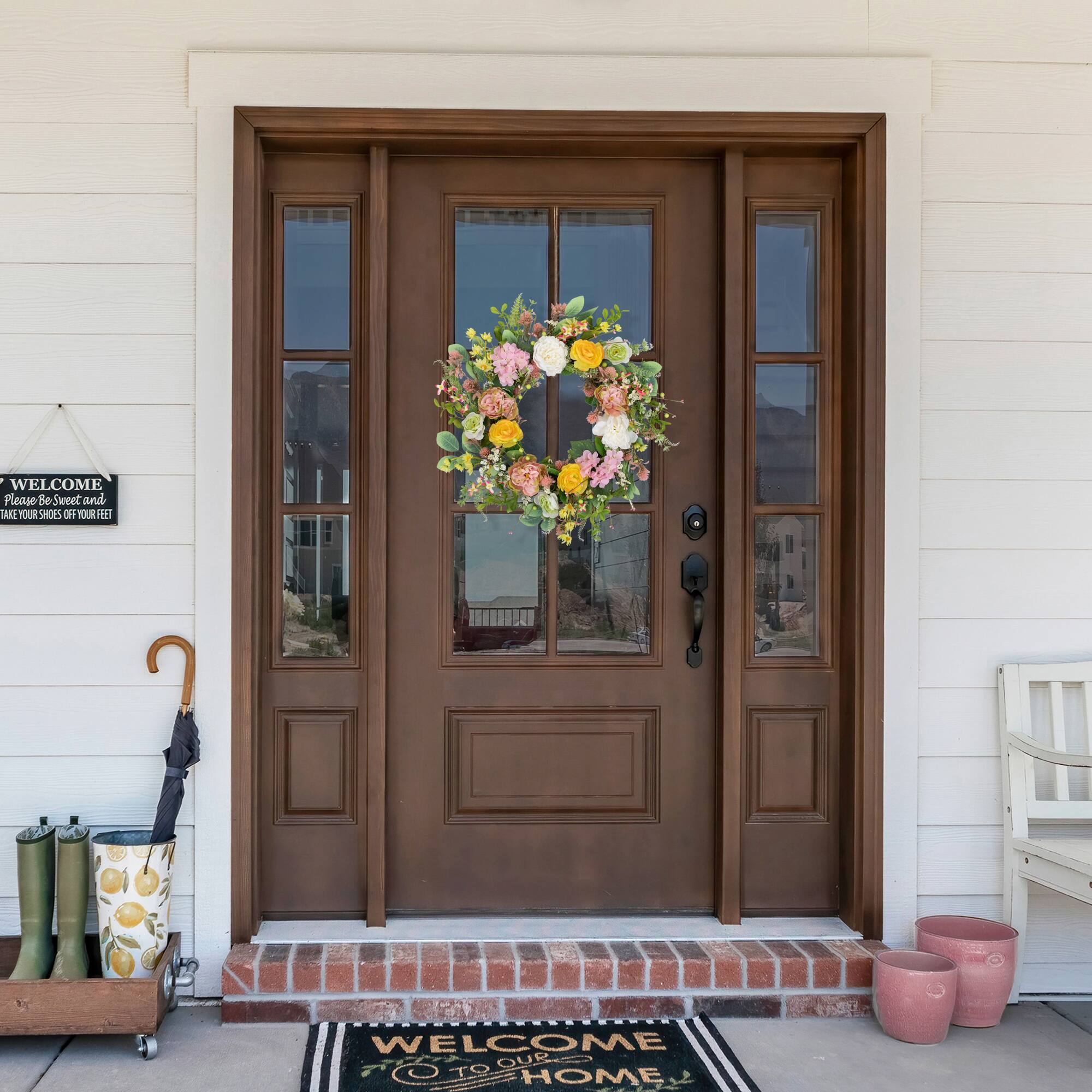 26" Pink & Yellow Rose & Hydrangea Floral Spring Wreath