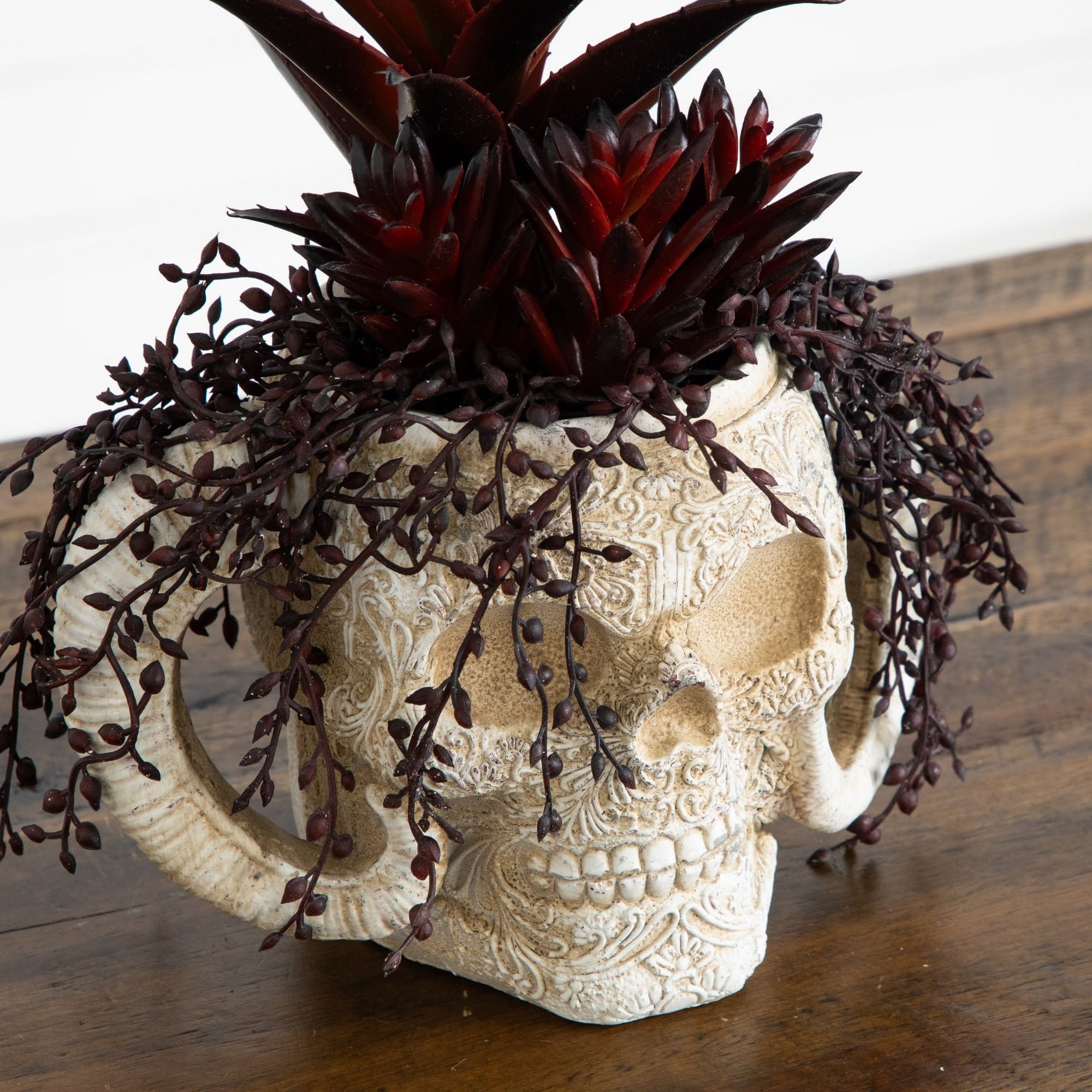 8" Artificial Halloween Succulent Garden in Horned Skull Planter