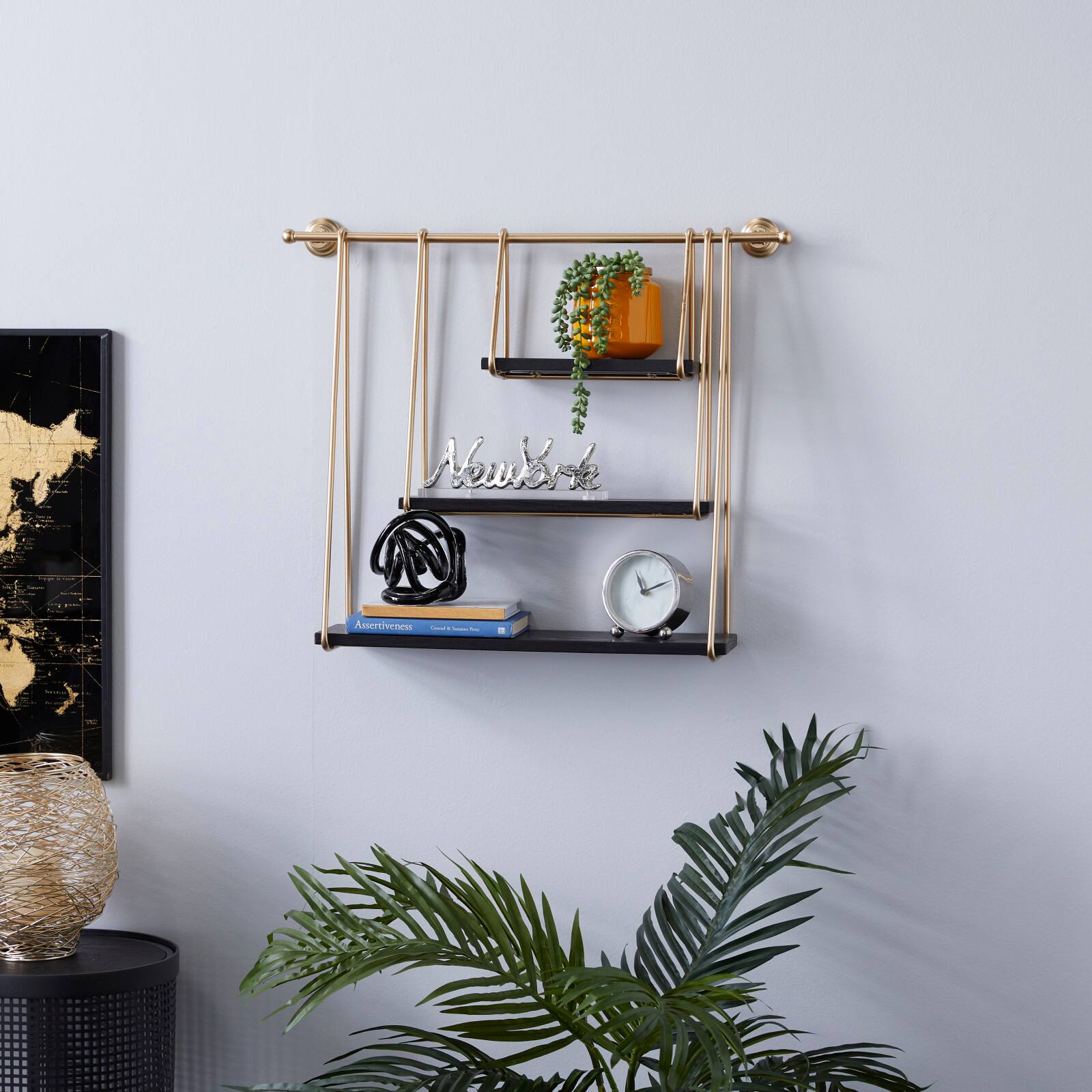 Gold Metal and Wood Modern Wall Shelves, 22" x 26" x 6"