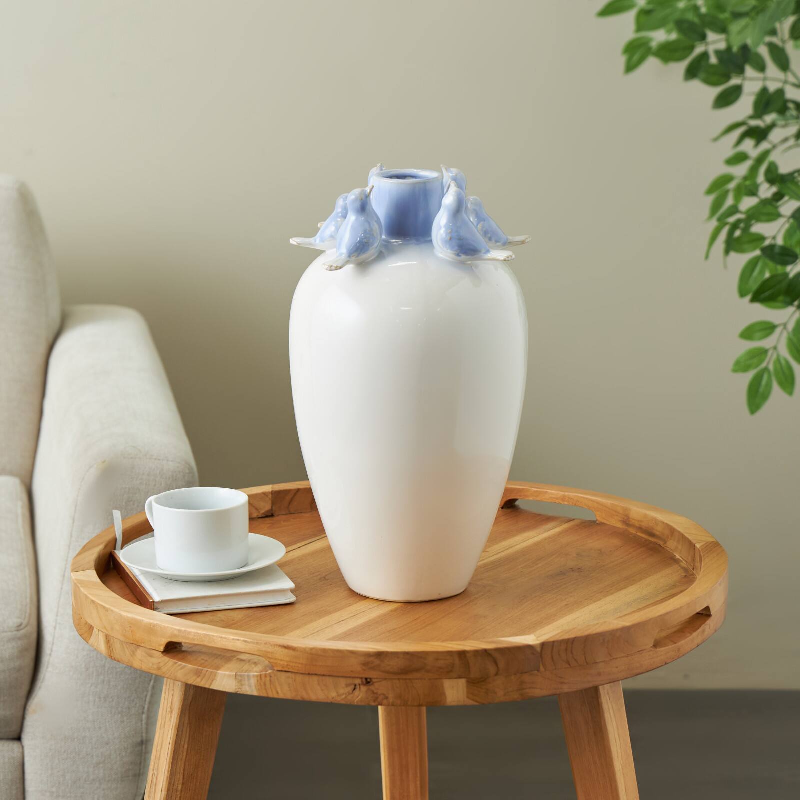 15" White with Blue Bird Accents Ceramic Decorative Vase