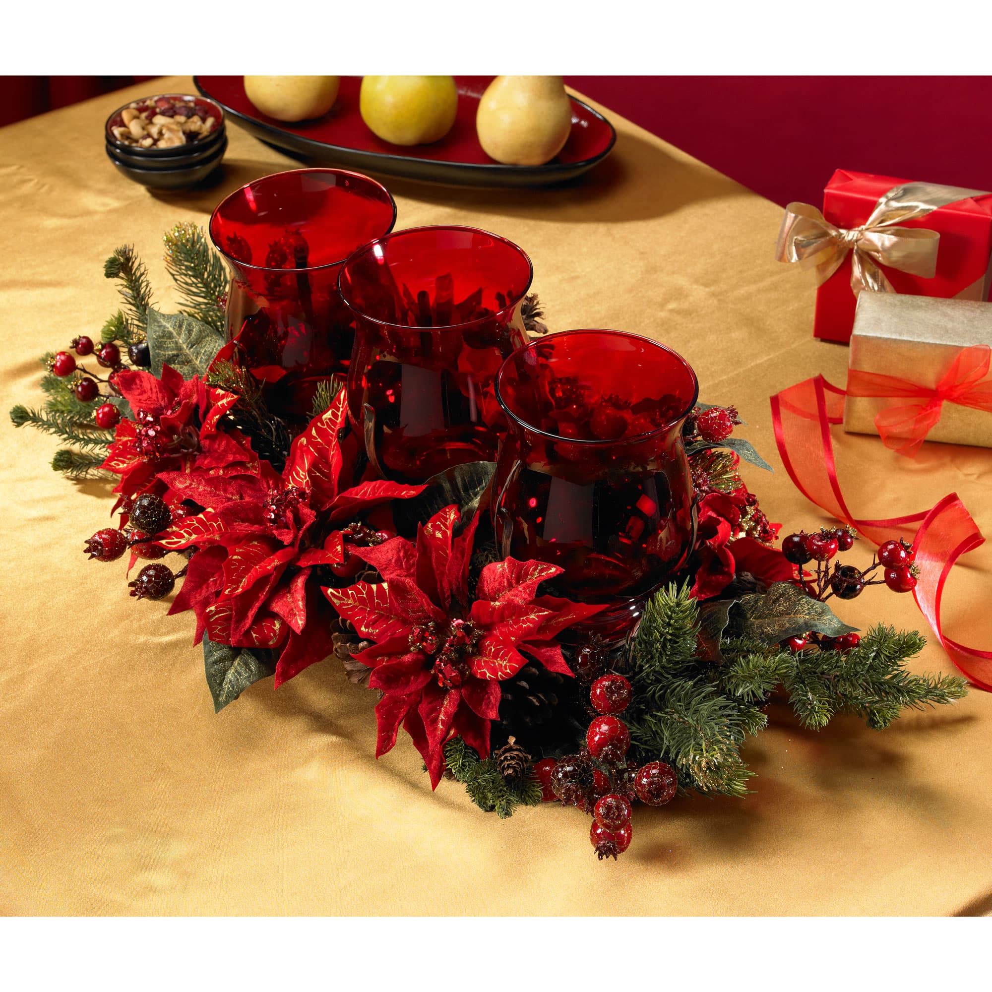 Poinsettia & Berry Triple Candelabrum Artificial Arrangement