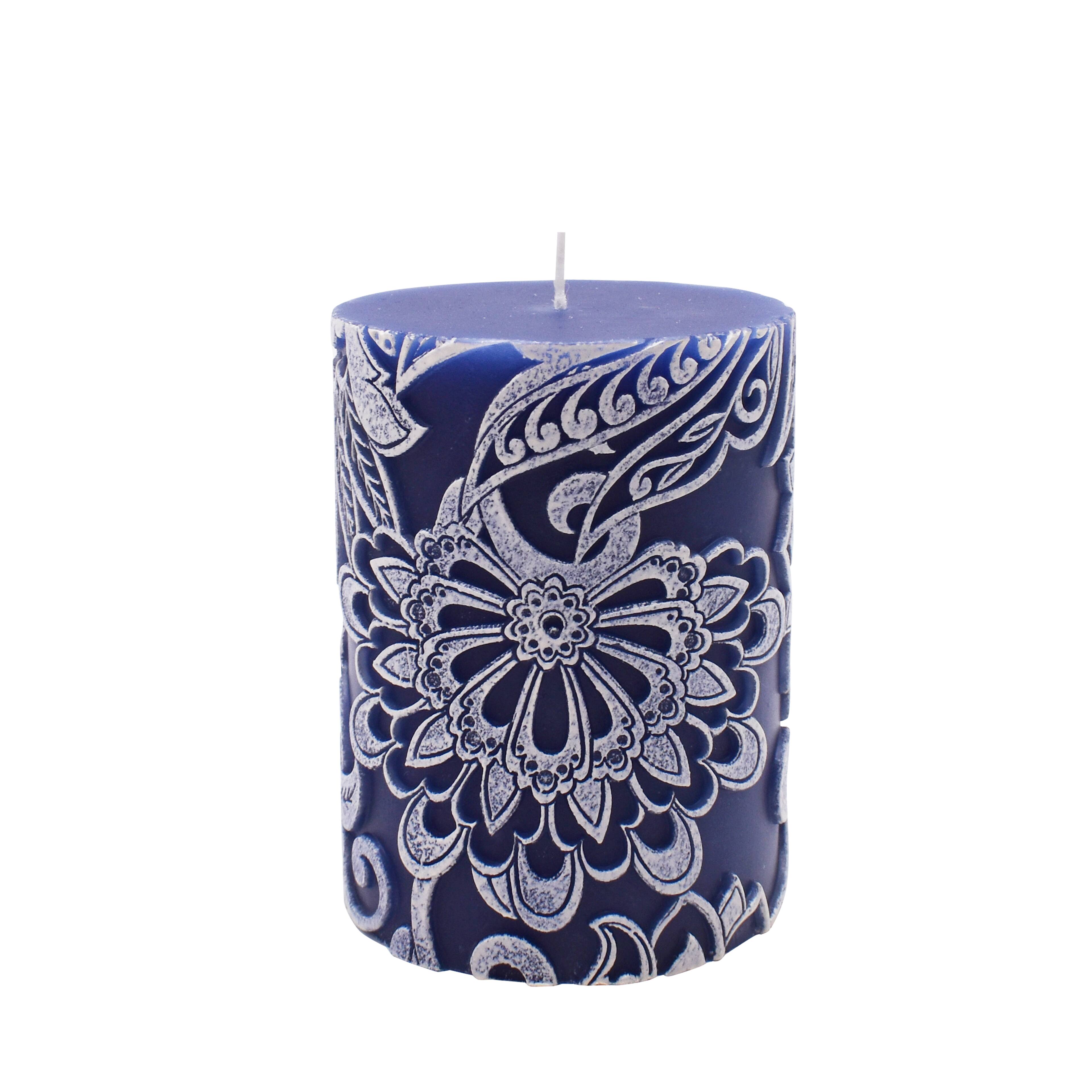 Navy & White Floral Embossed Pillar Candle by Ashland®