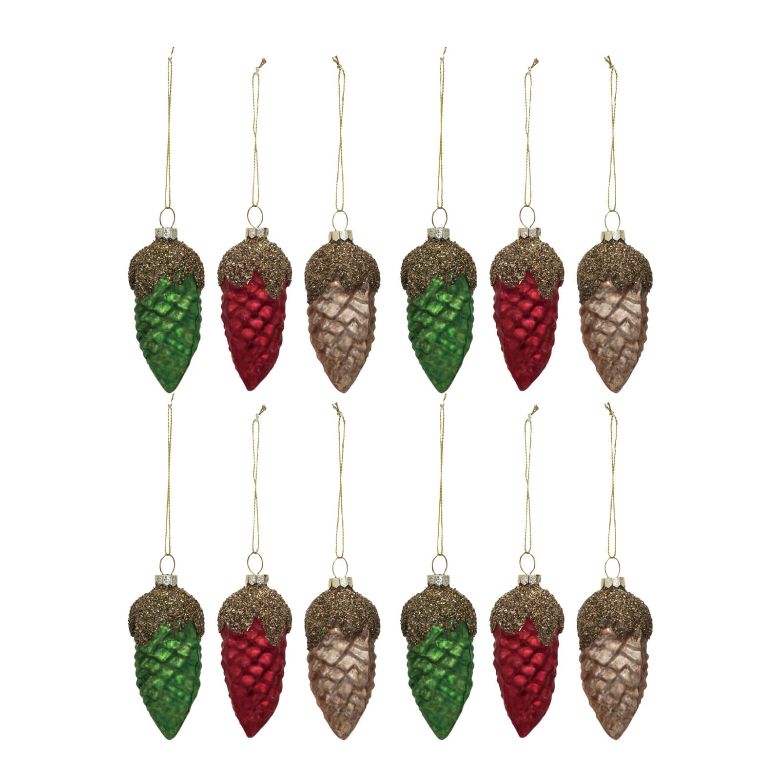 Hello Honey® 12 Pack 3.5" Red, Green & Gold Round Glass Pinecone Ornaments with Glitter