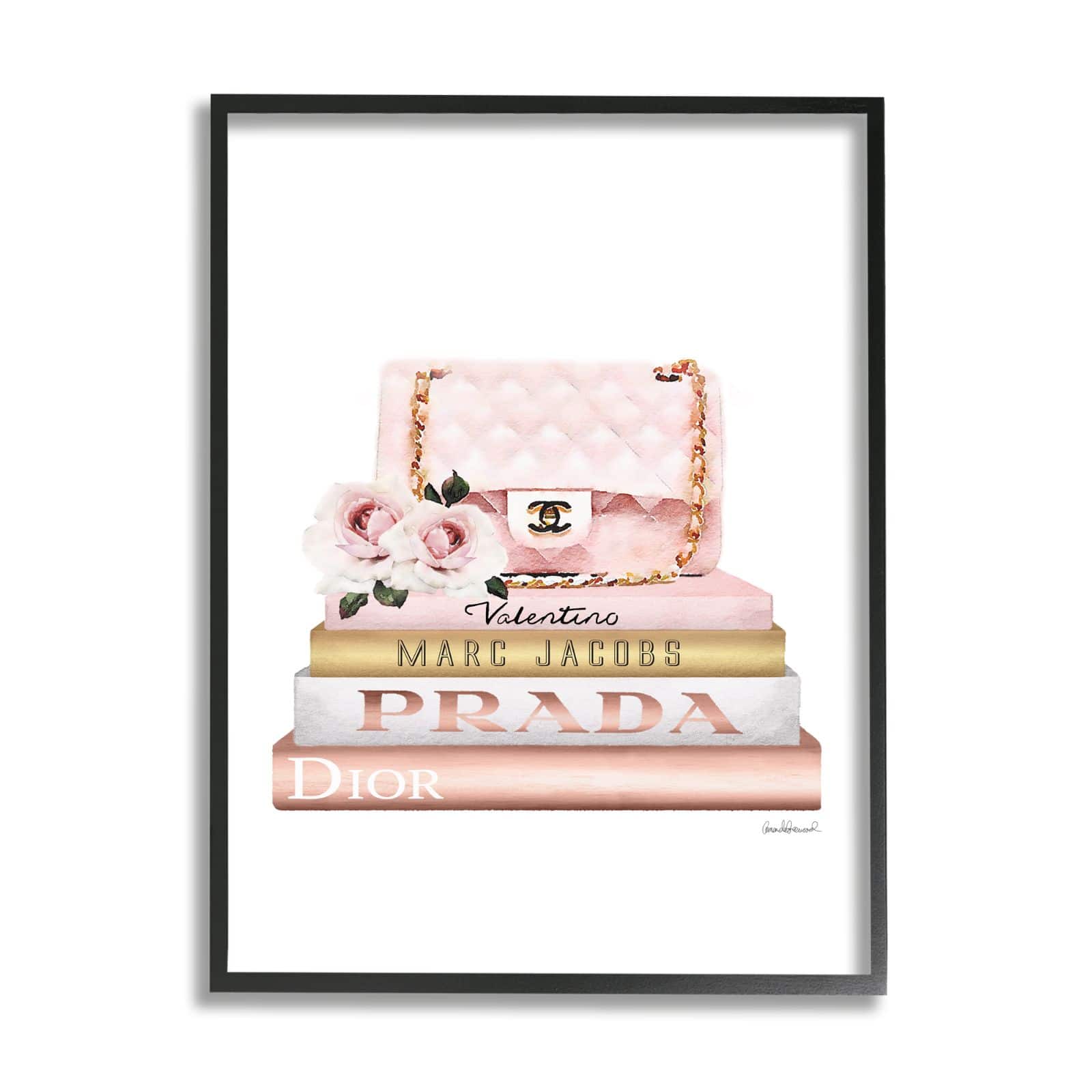 Stupell Industries Pink Purse Gold Bookstack Glam Fashion Watercolor Design Framed Wall Art