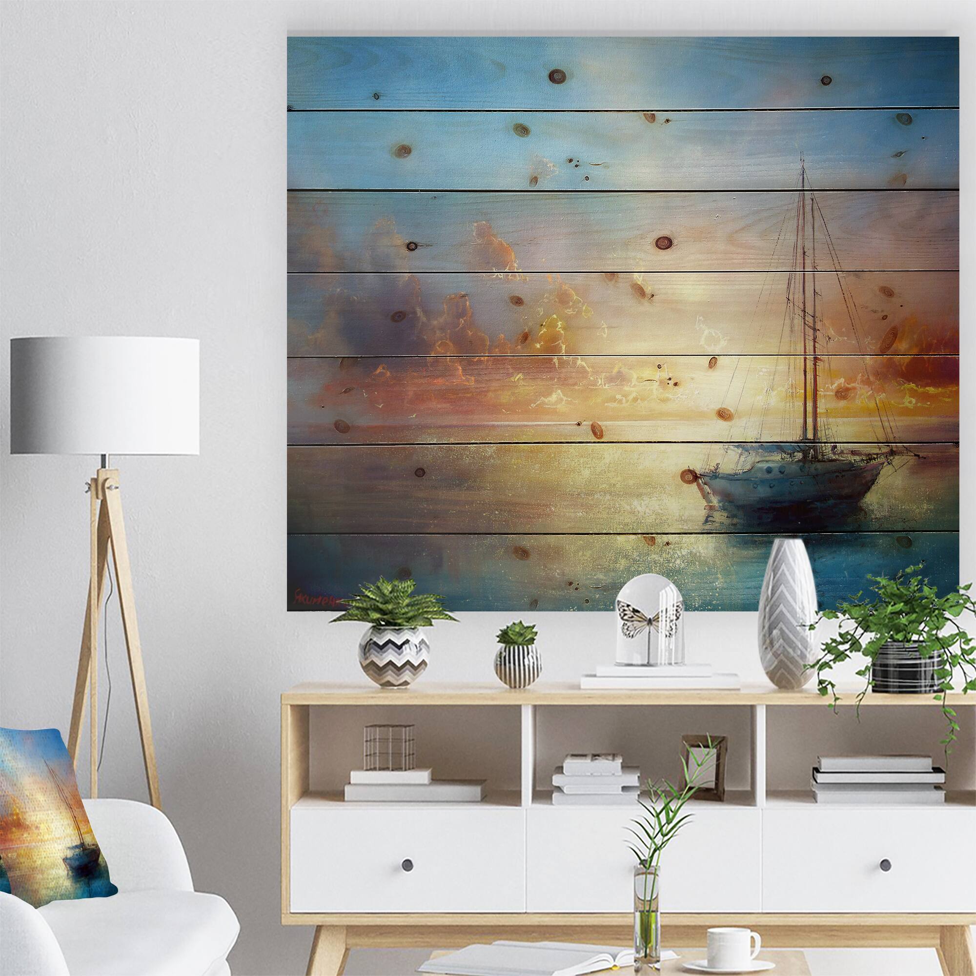 Designart - Seascape Pier - Seascape Print on Natural Pine Wood