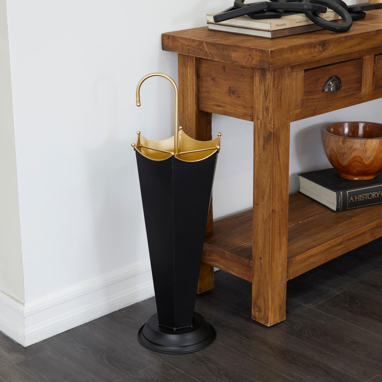 Black Metal Abstract Umbrella Stand with Gold Handle 10" x 9" x 27"