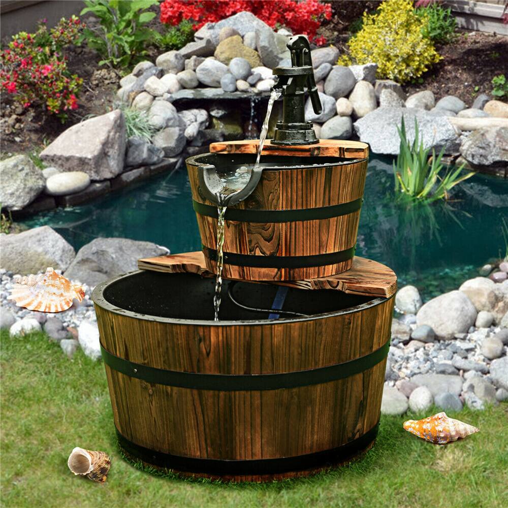 Costway 2-Tier Barrel Wooden Waterfall Fountain