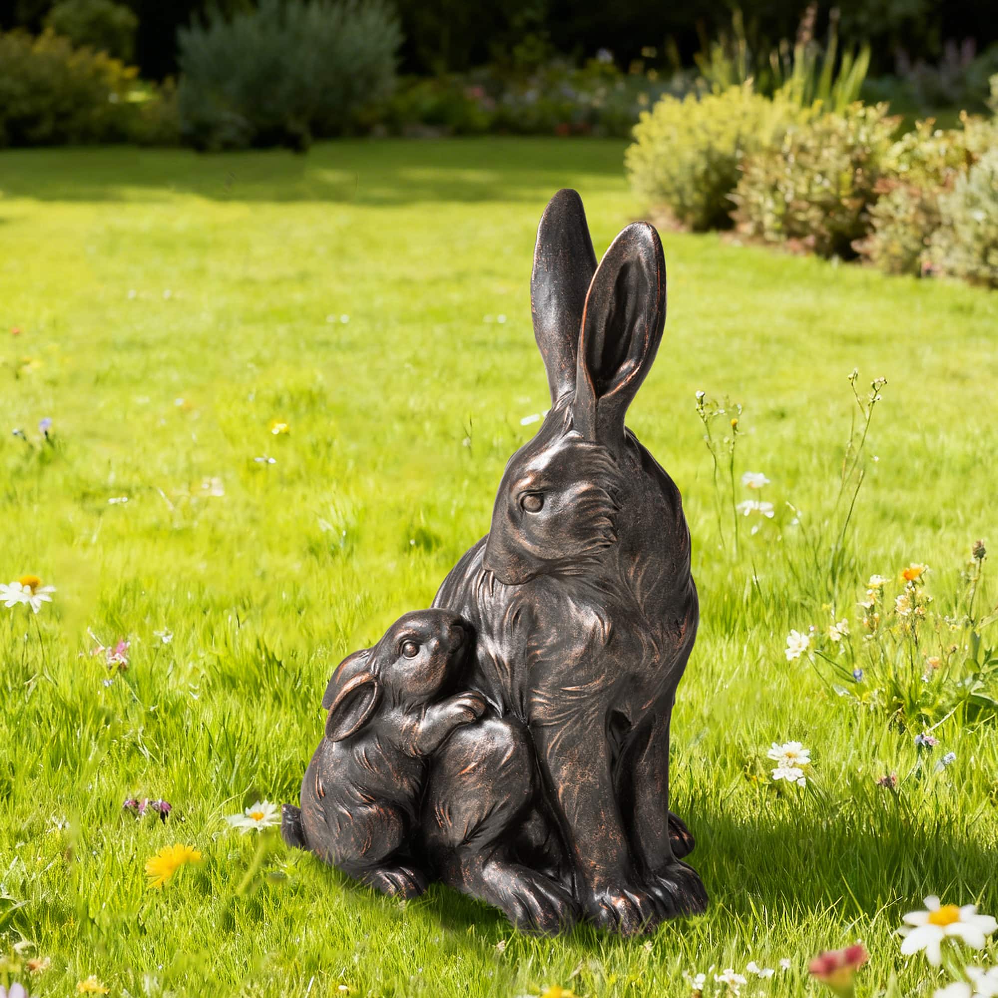 Glitzhome® 21.25" MGO Bronze Mom and Baby Rabbit Statue