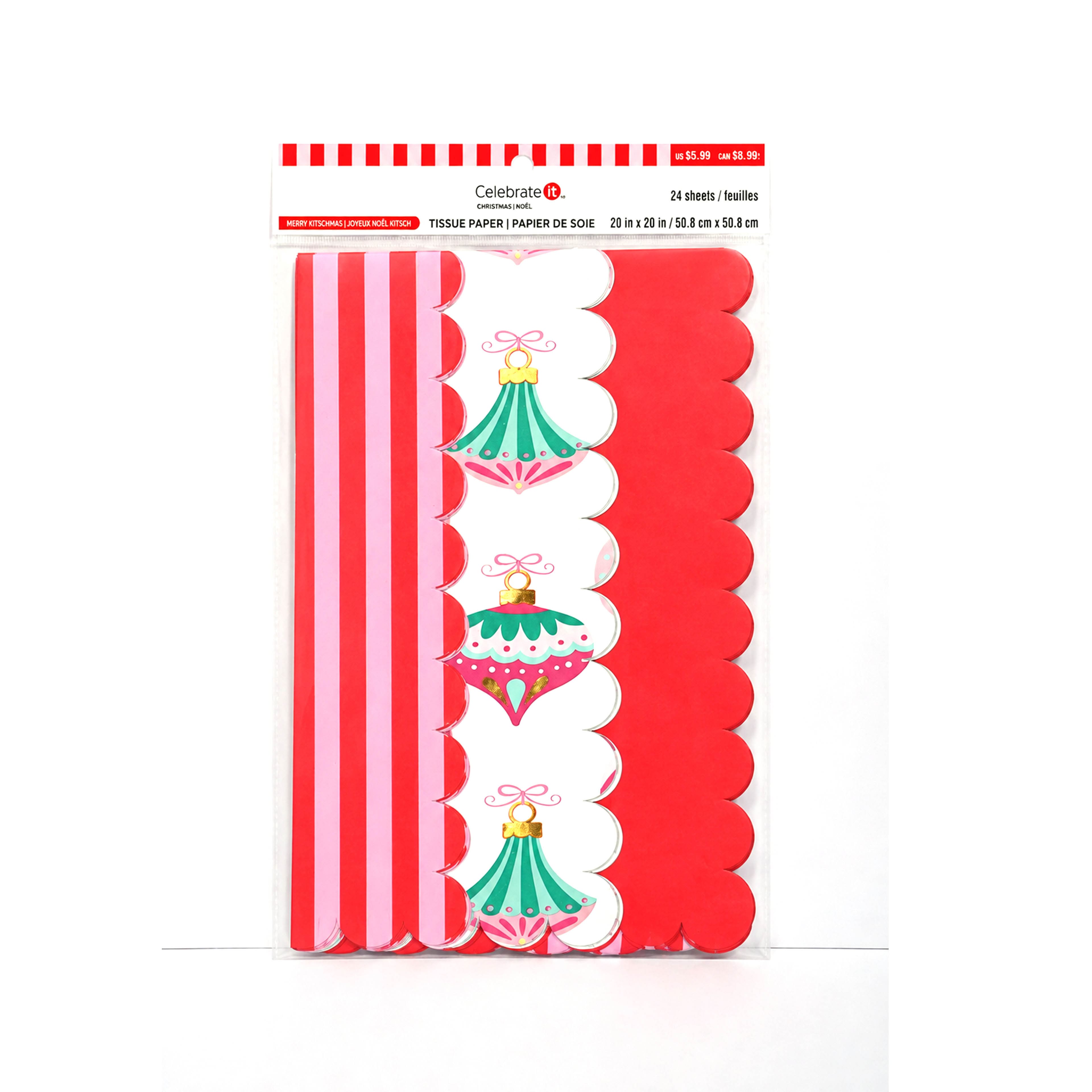 Michaels, Red, Pink Stripes & Ornaments Scalloped Tissue Paper Sheets, 36ct. by Celebrate It™ – Category: Shred & Tissue