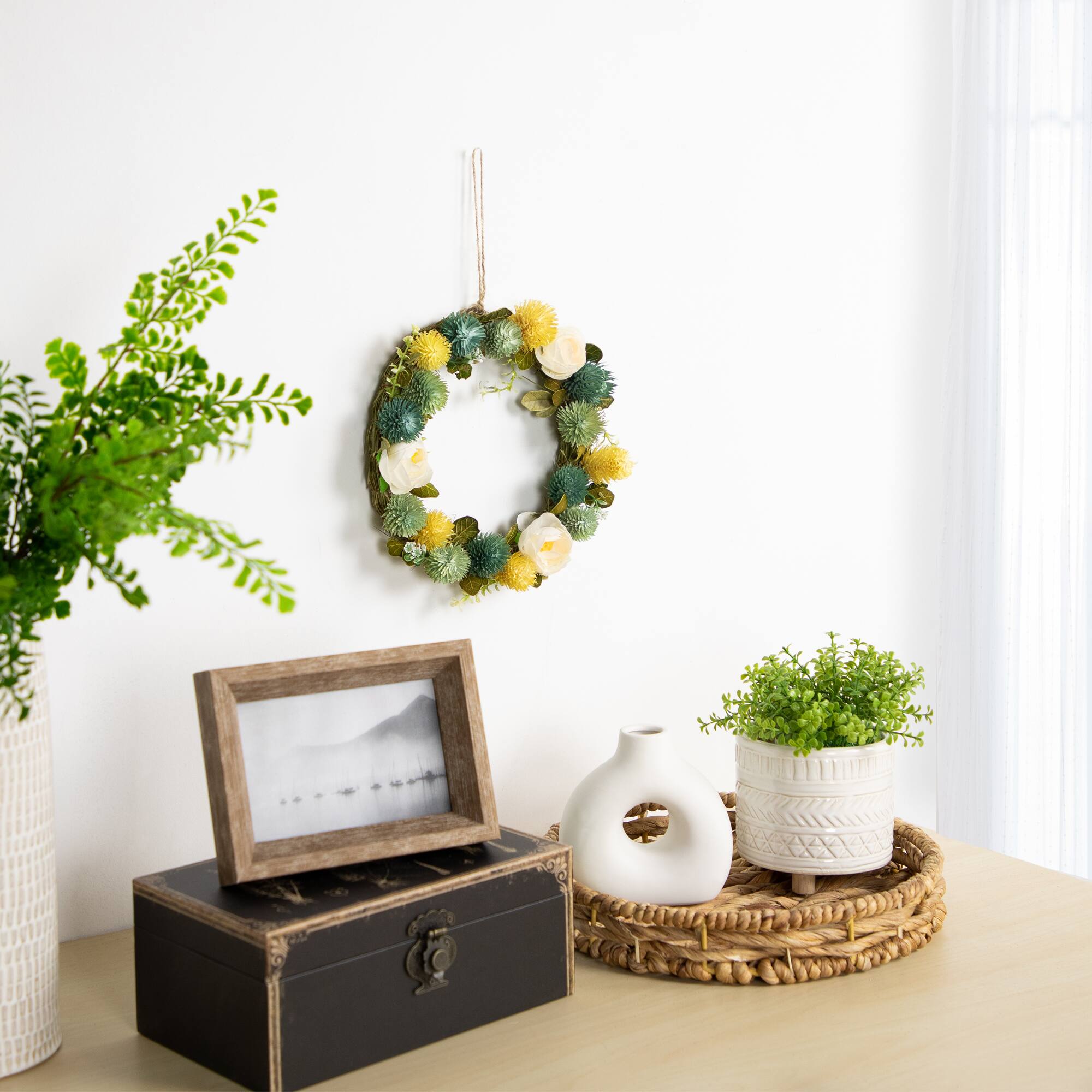 9" Cream Rose, Green & Yellow Thistle Hanging Spring Wreath