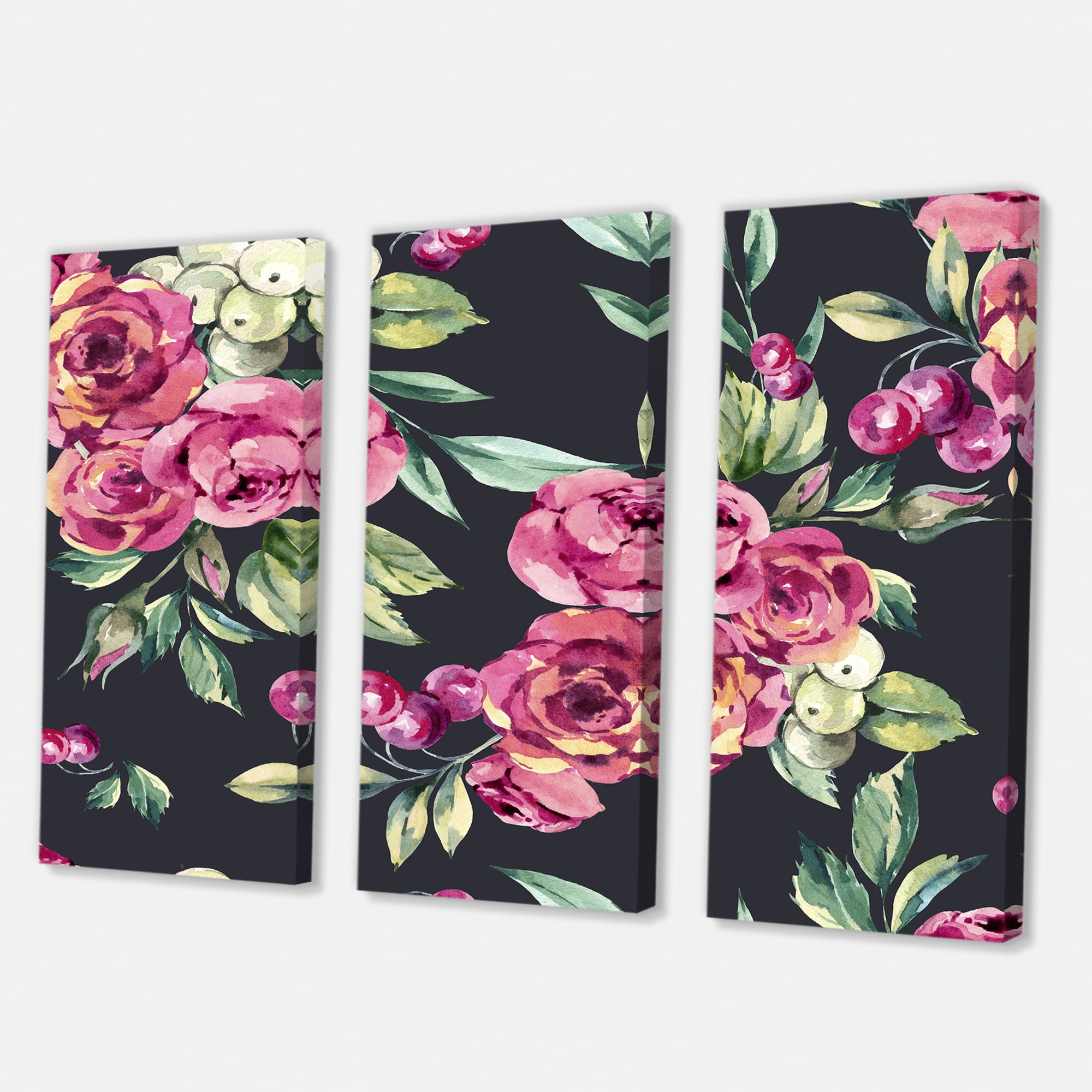 Designart - Red VIntage Roses and Berries On Black - Farmhouse Canvas Wall Art Print