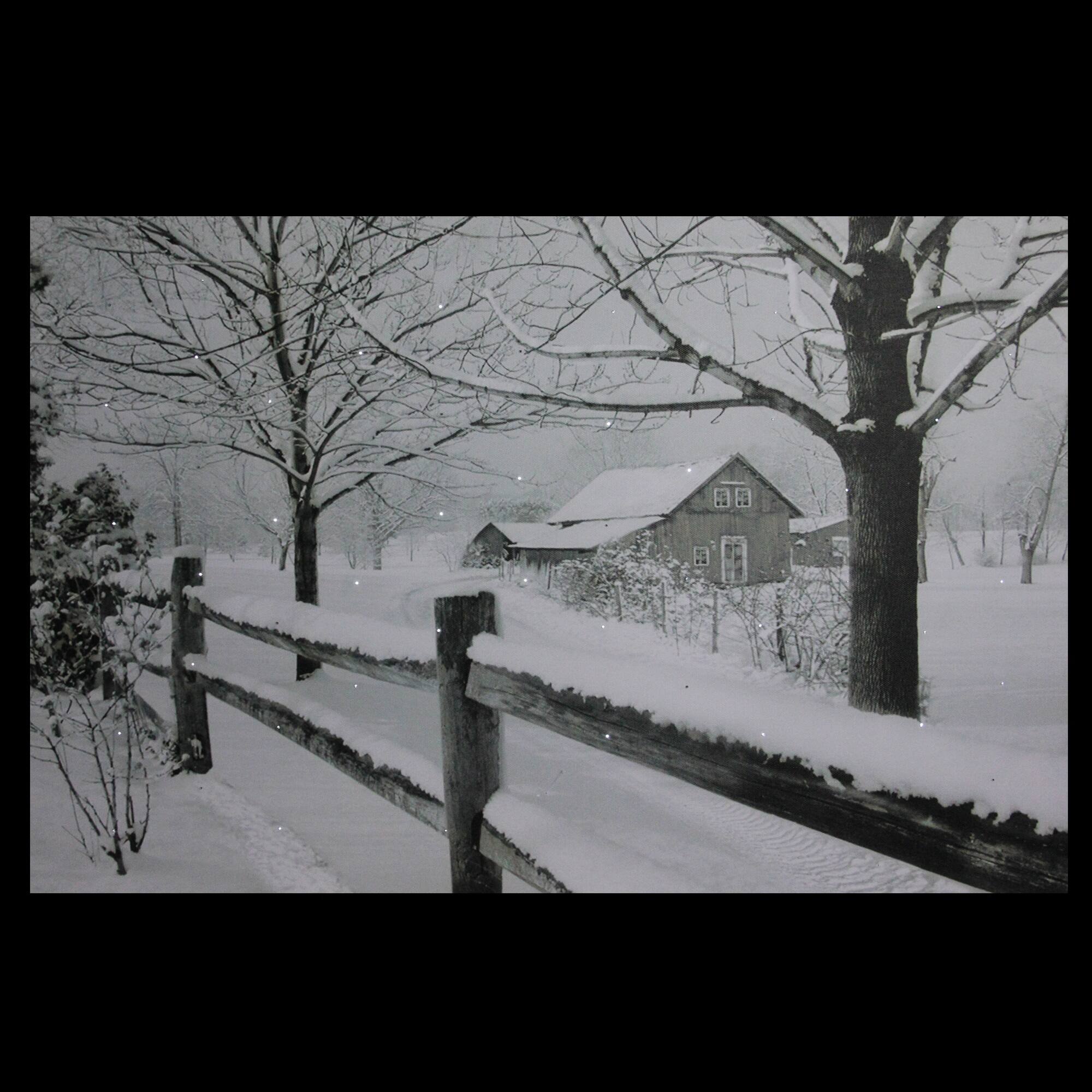 Snowy Winter Cabin Fiber Optic Lighted Canvas Wall Art