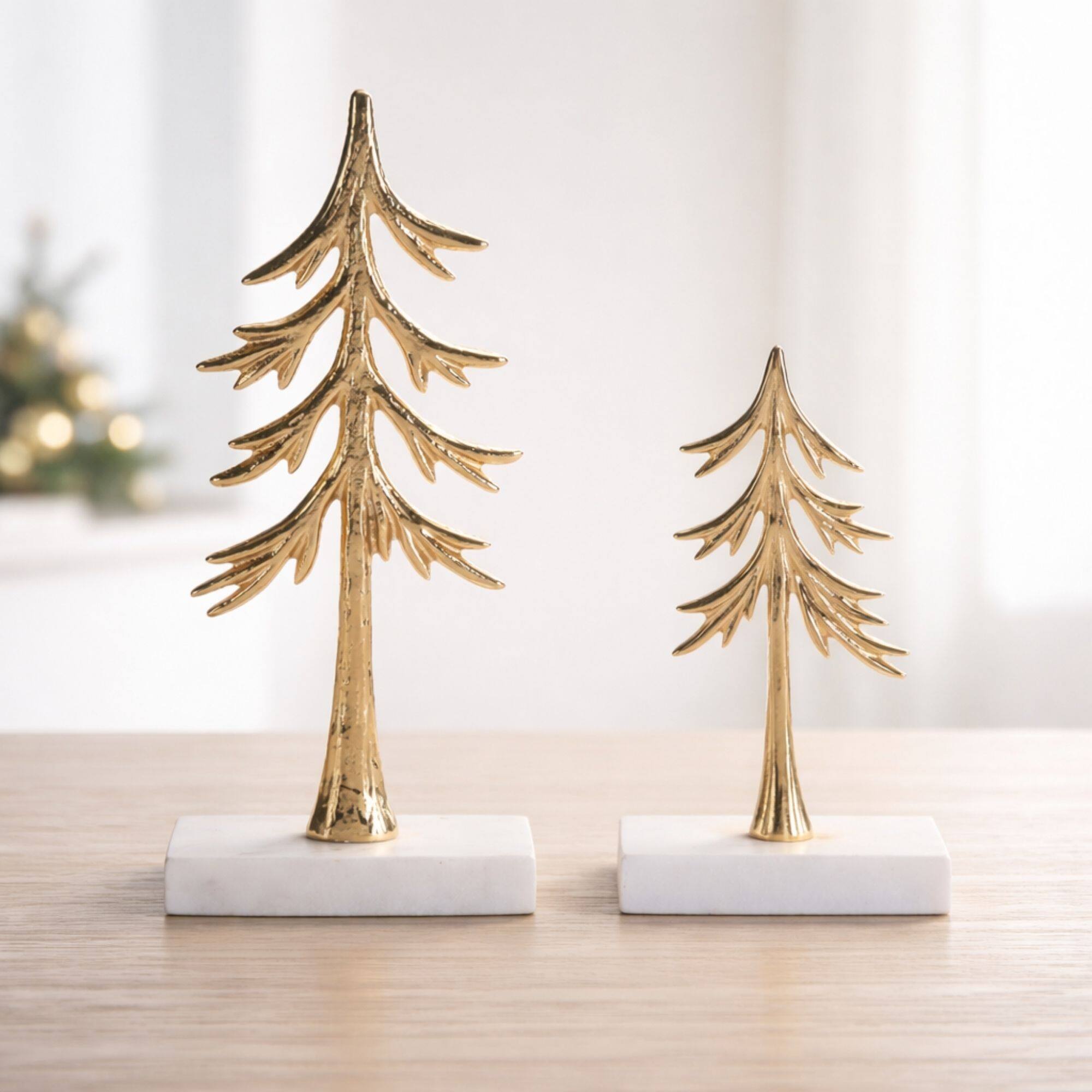 Melrose Gold Modern Metal Trees Sculptures on Marble Bases Set
