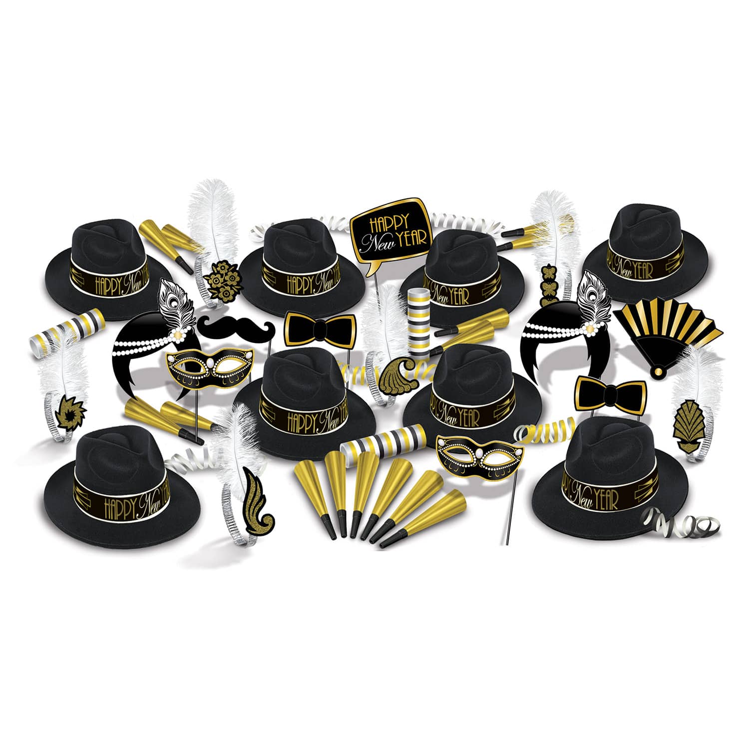 Beistle New Year 1920’s Black & Gold Hats, Tiaras, Horns & Serpentine Kit