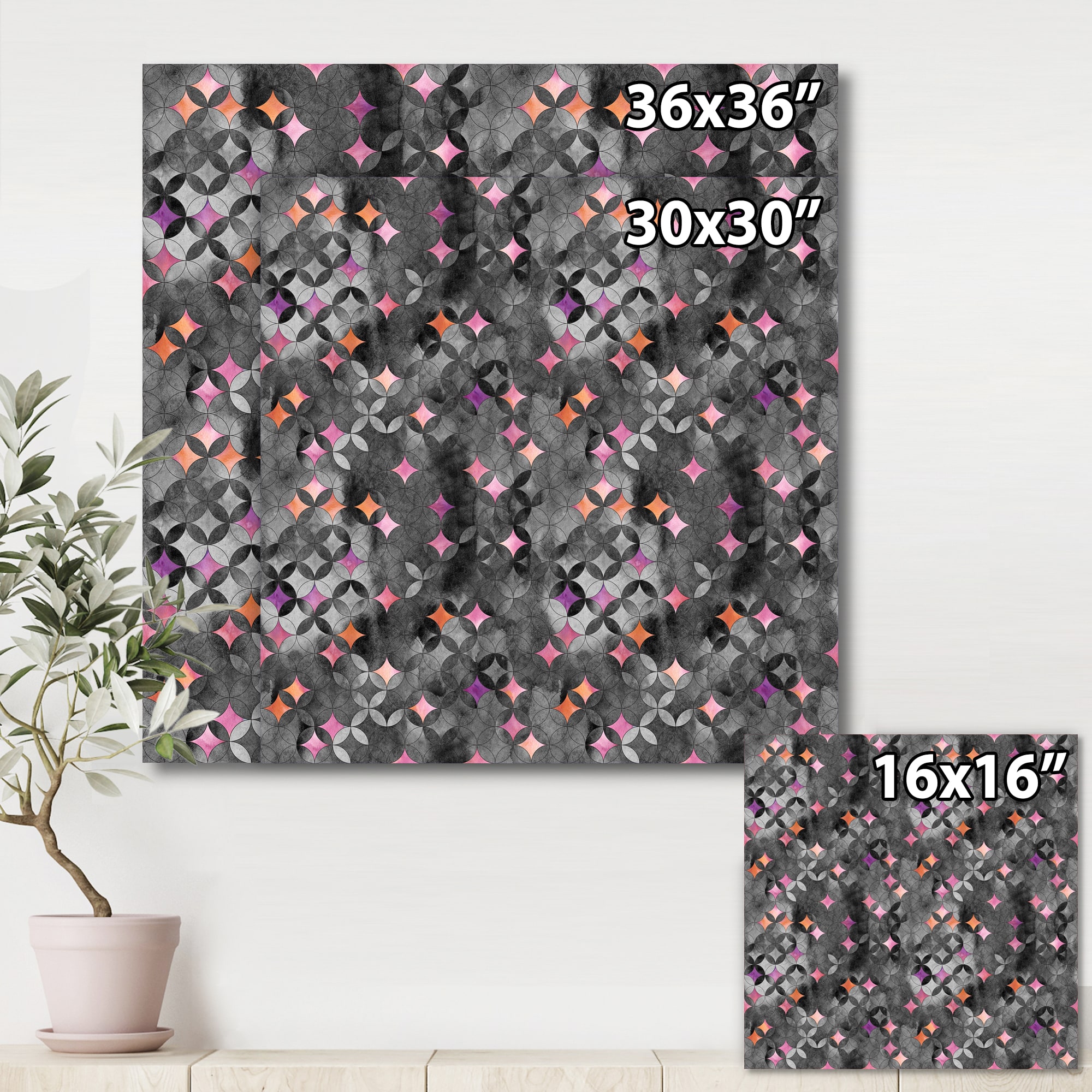 Designart - Geometry Intersecting Circles With Pink Stars - Modern Canvas Wall Art Print