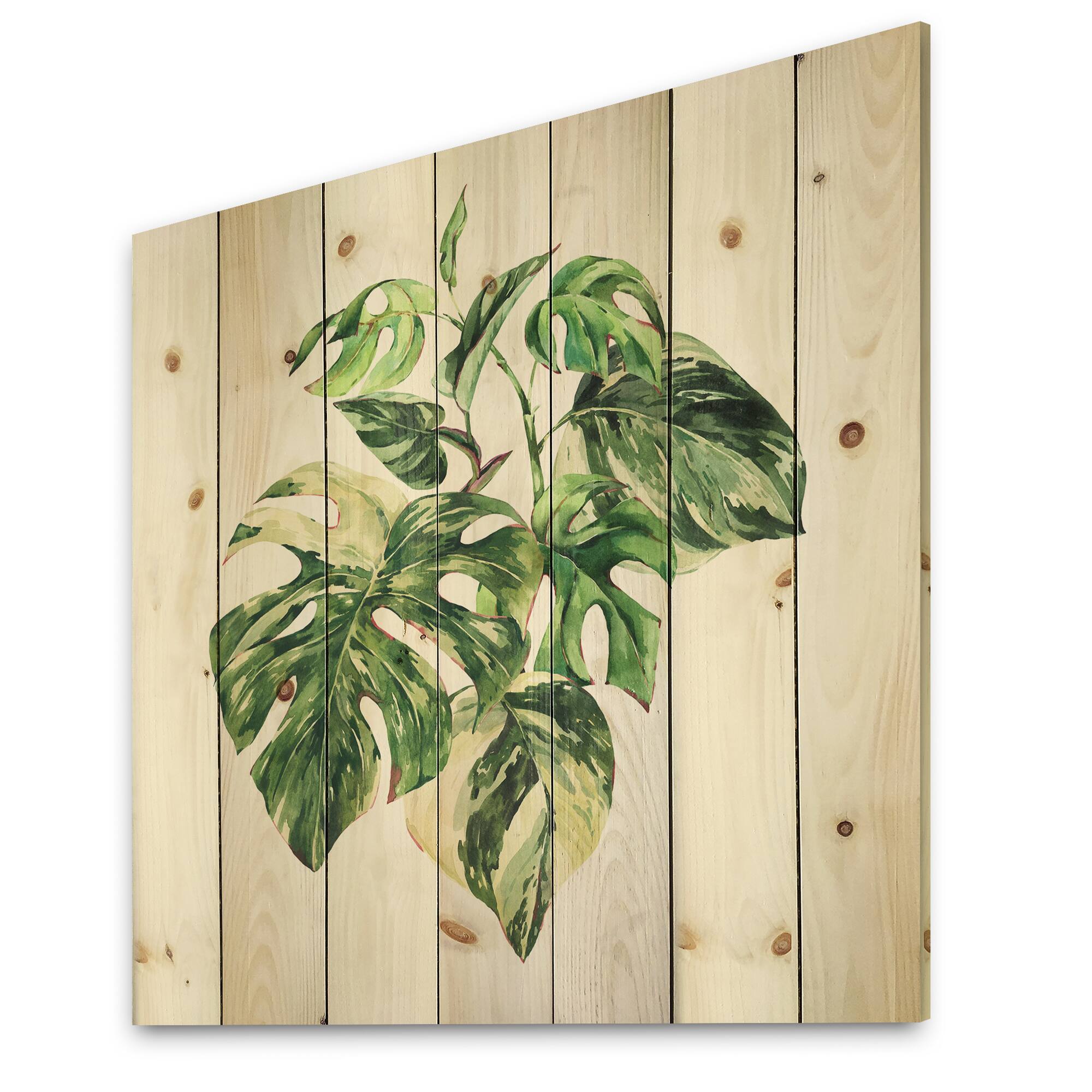 Designart - Tropical Green Leaves In Summer Times I - Tropical Print on Natural Pine Wood