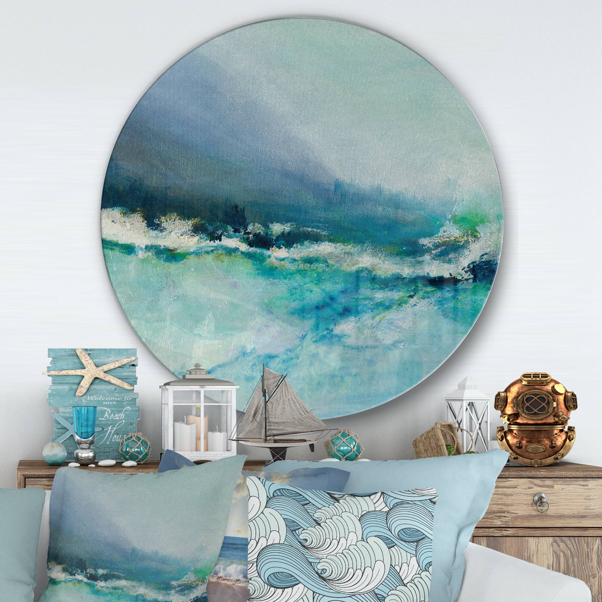 Designart - Indigo Abstract Watercolor Blue - Nautical & Coastal Metal Circle Wall Art