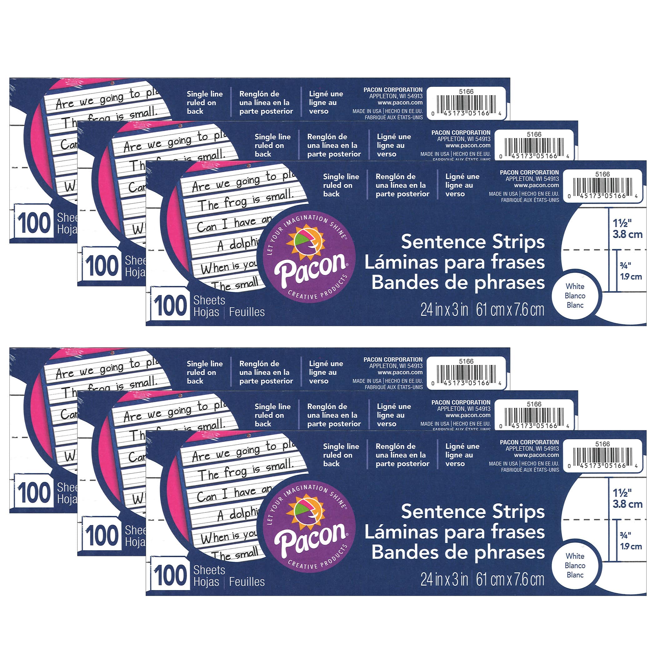 Pacon® White 3" x 24" Sentence Strips, 6 Packs of 100