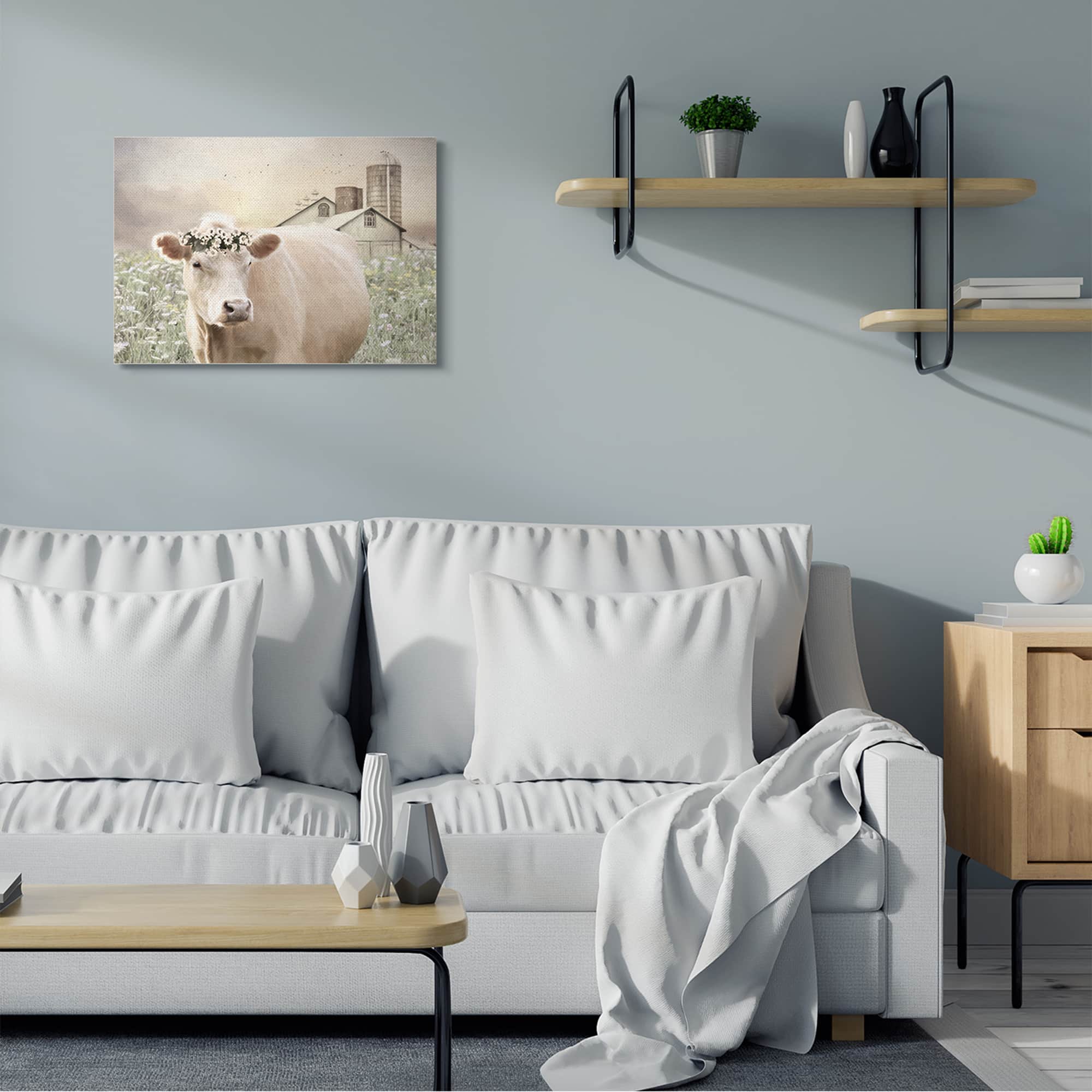 Stupell Industries Realistic Cow Floral Crown Tranquil Farm Field Canvas Wall Art