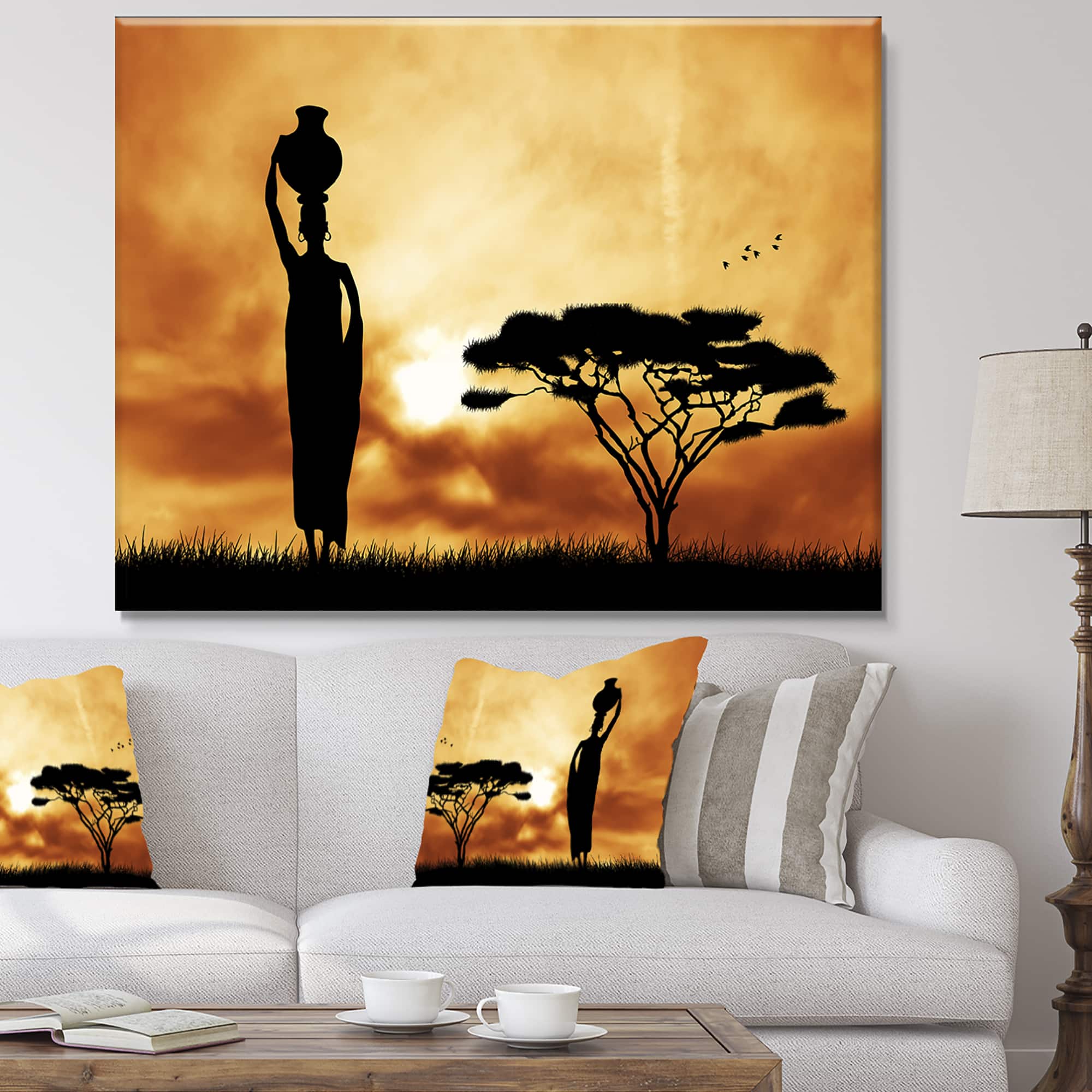 Designart - African Woman and Lonely Tree - African Landscape Canvas Art Print