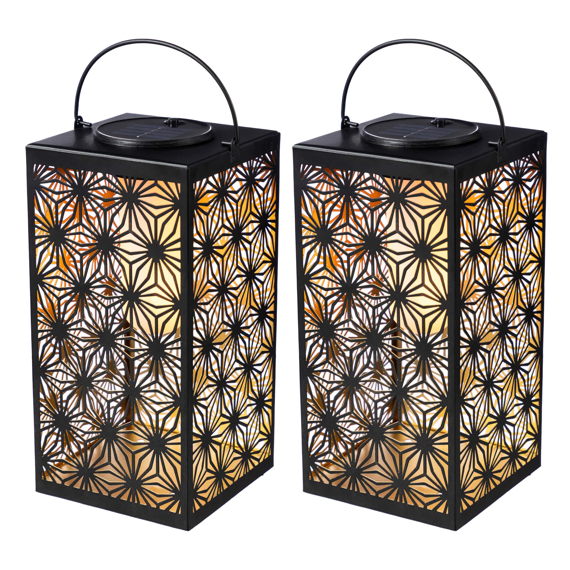 Glitzhome® 11" Set of 2 LED Black Metal Cutout Pattern Solar Powered Hanging Lantern