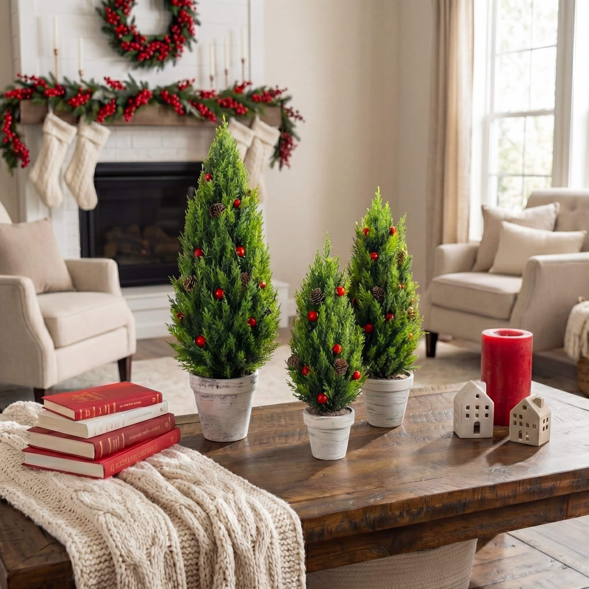 Nearly Natural Artificial Cypress Trees with Red Berries & Pinecones in White Rustic Planter Set