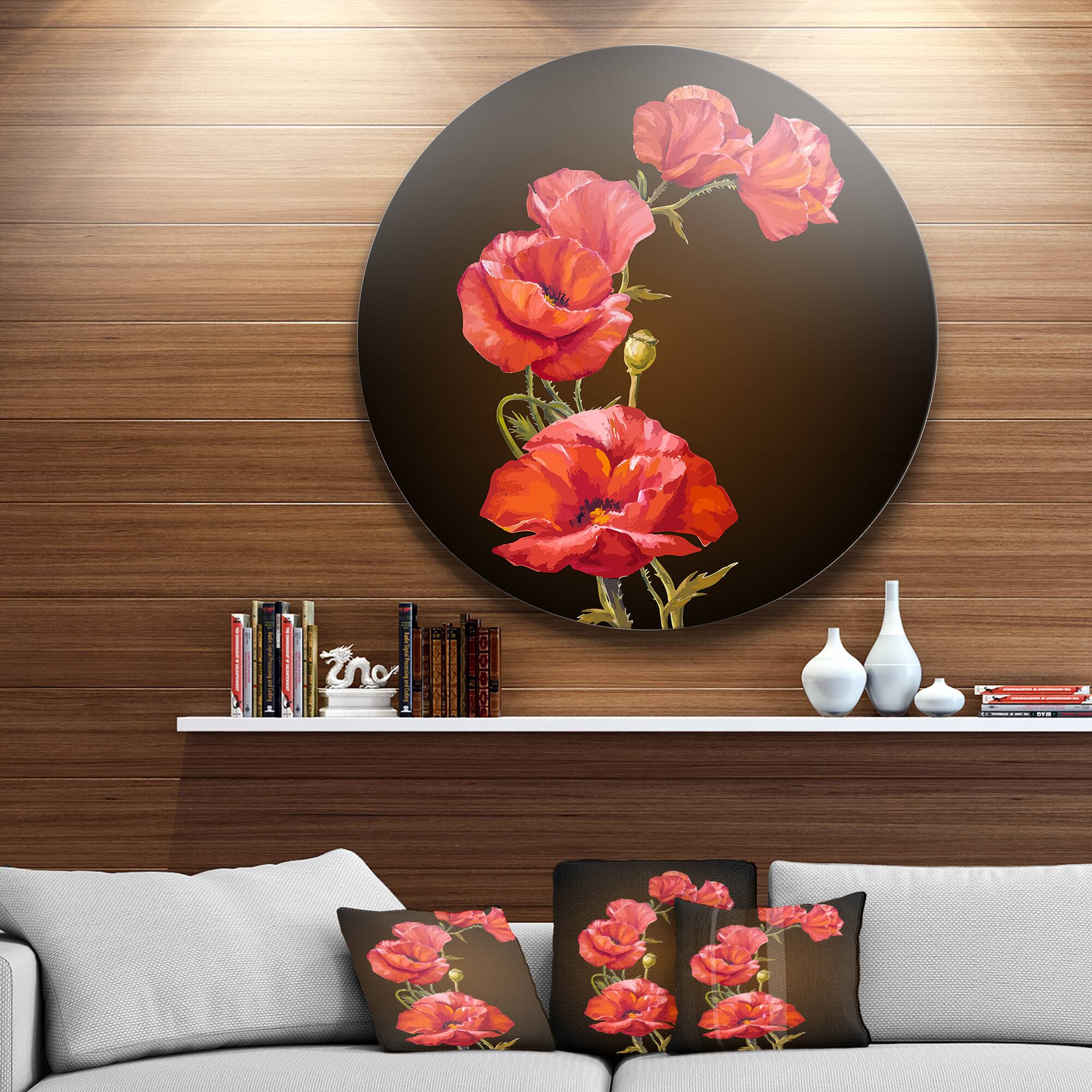Designart - Bright Poppies Flower' Ultra Glossy Floral Metal Circle Wall Art