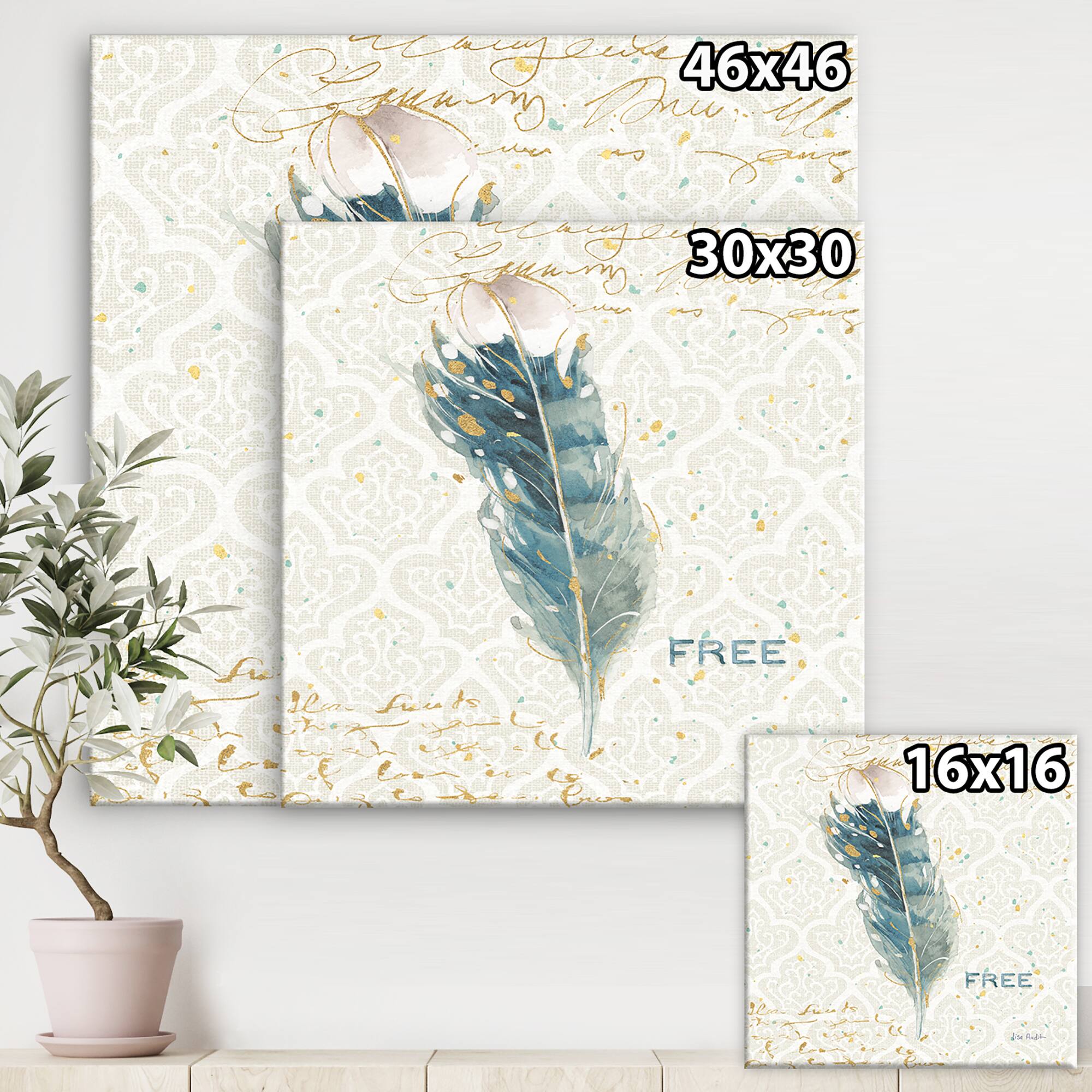Designart - Damask Painted Gilded Feather on Blue
