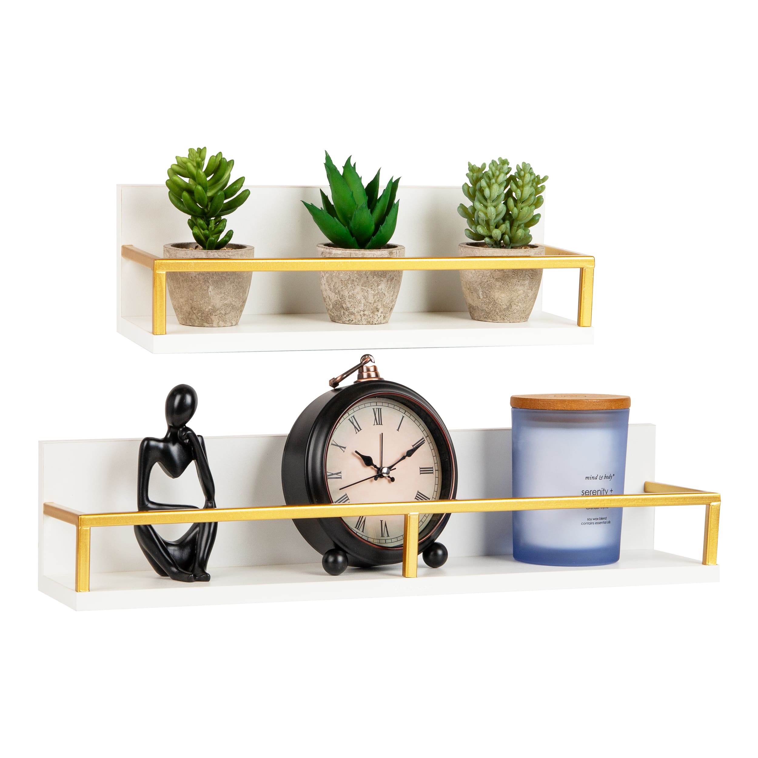 Mind Reader Floating Shelves, Wall-Mounted Office Organizers, Modern MDF Display Storage with Metal Rail, Metal. MDF, Set of 2, White