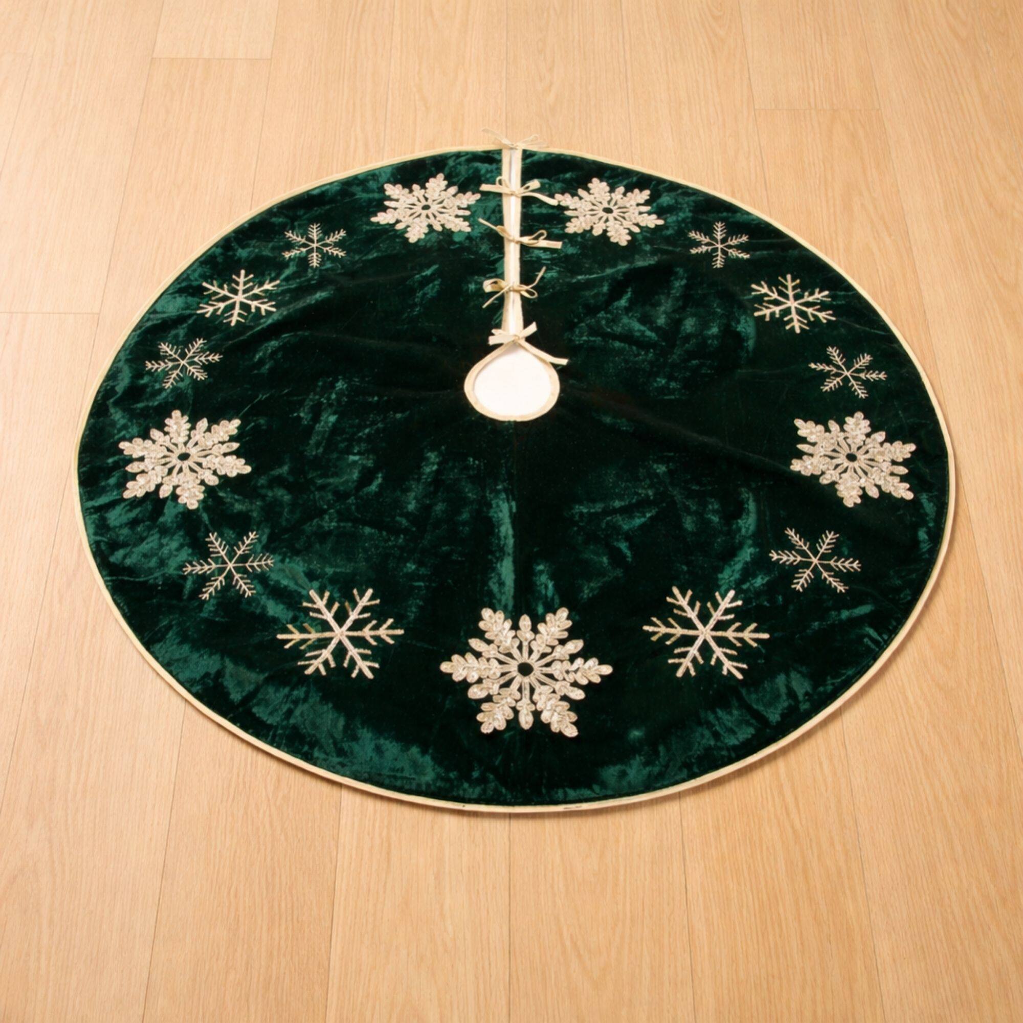 Melrose 26.75" Green & Gold Embroidered Snowflake Christmas Tree Skirt