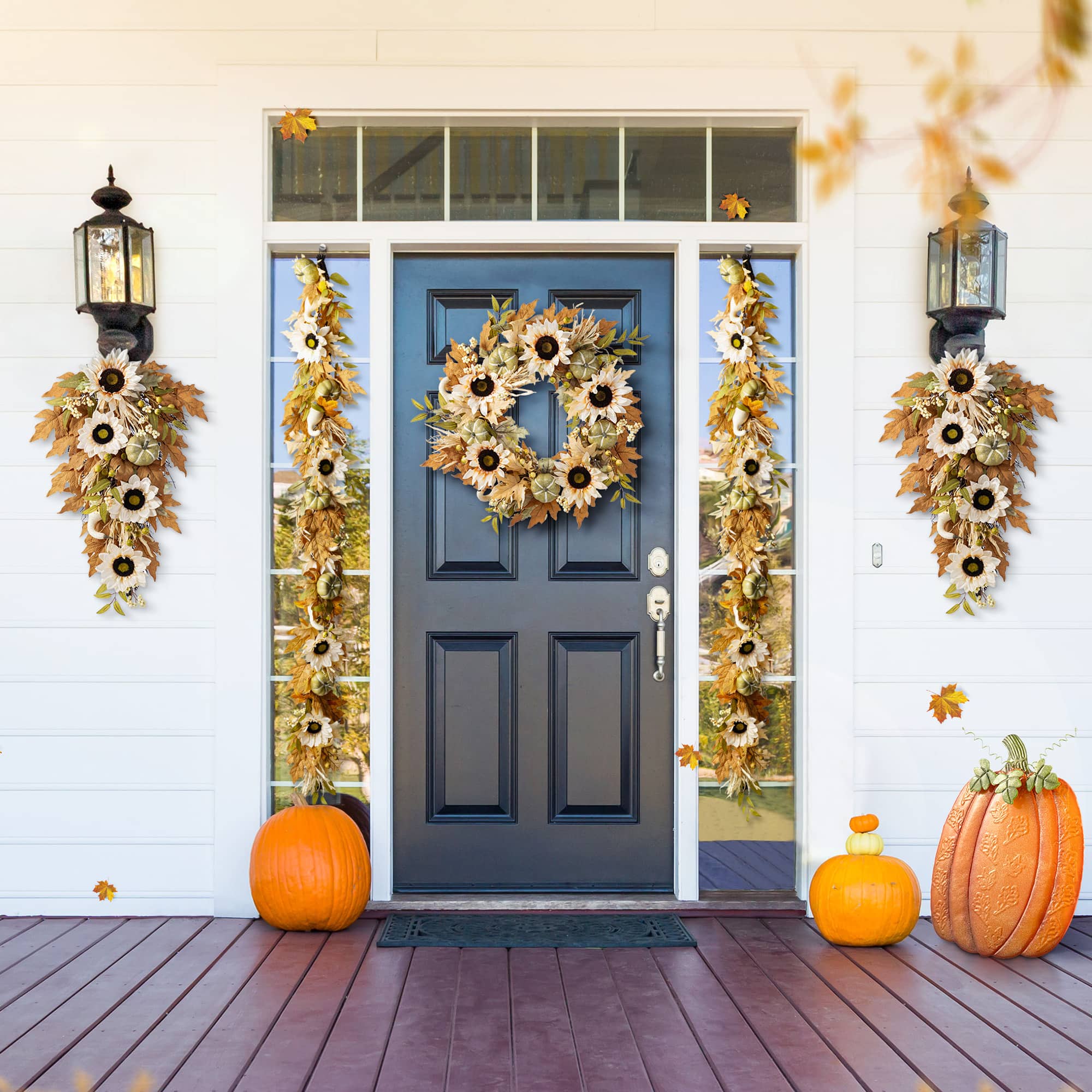 Glitzhome® 24" Fall Neutral Sunflower, Pumpkin and Leaf Wreath