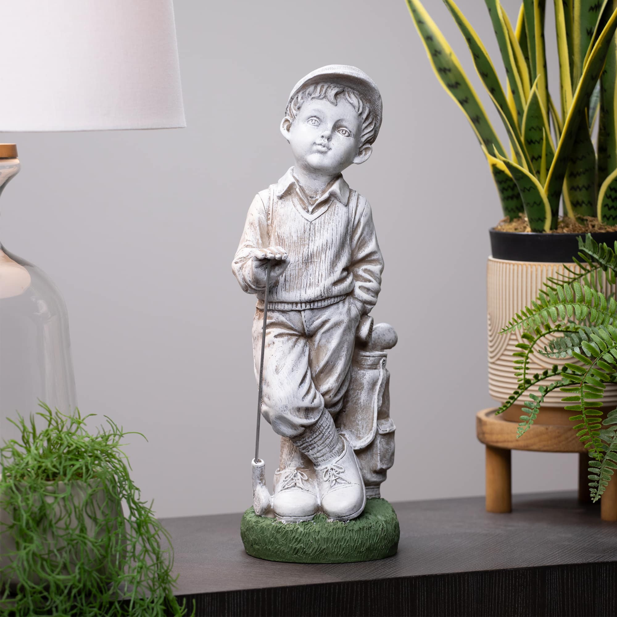 Golfer Boy with Clubs Outdoor Garden Statue - 17"