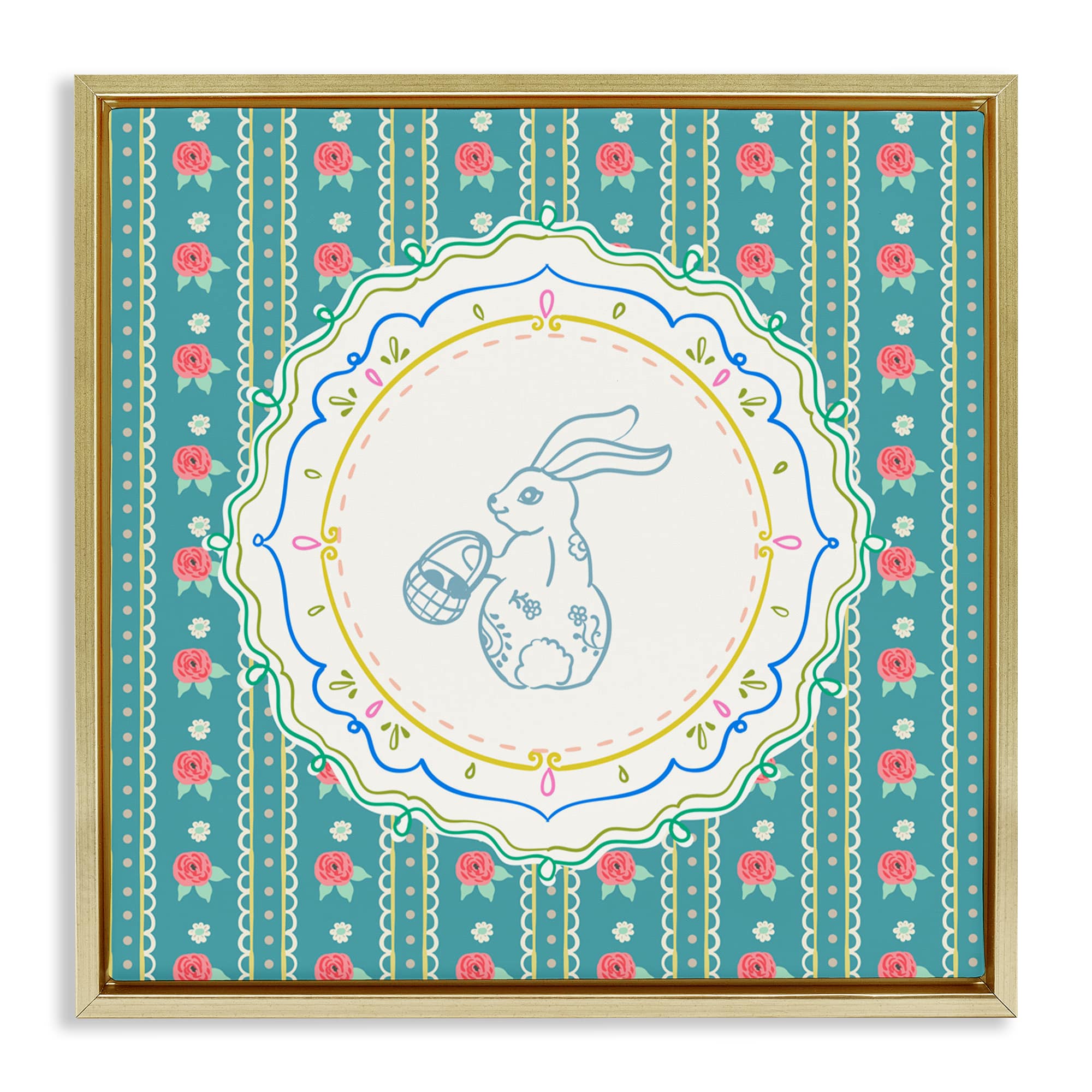Stupell Industries Flower Stripes Pattern Bunny Floating Frame Wall Art