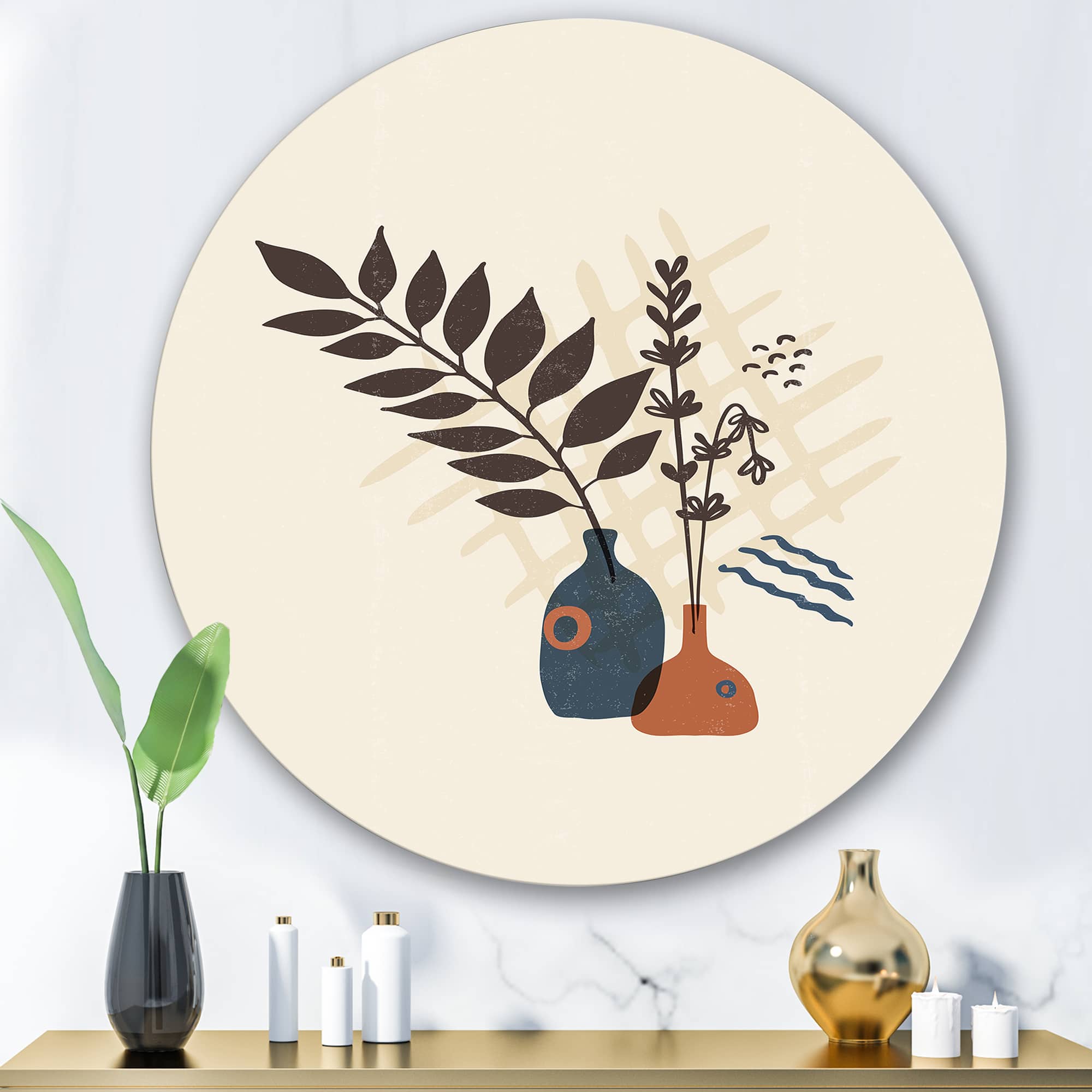 Designart - Vintage Boho Minimalistic Flowers I - Modern Metal Circle Wall Art