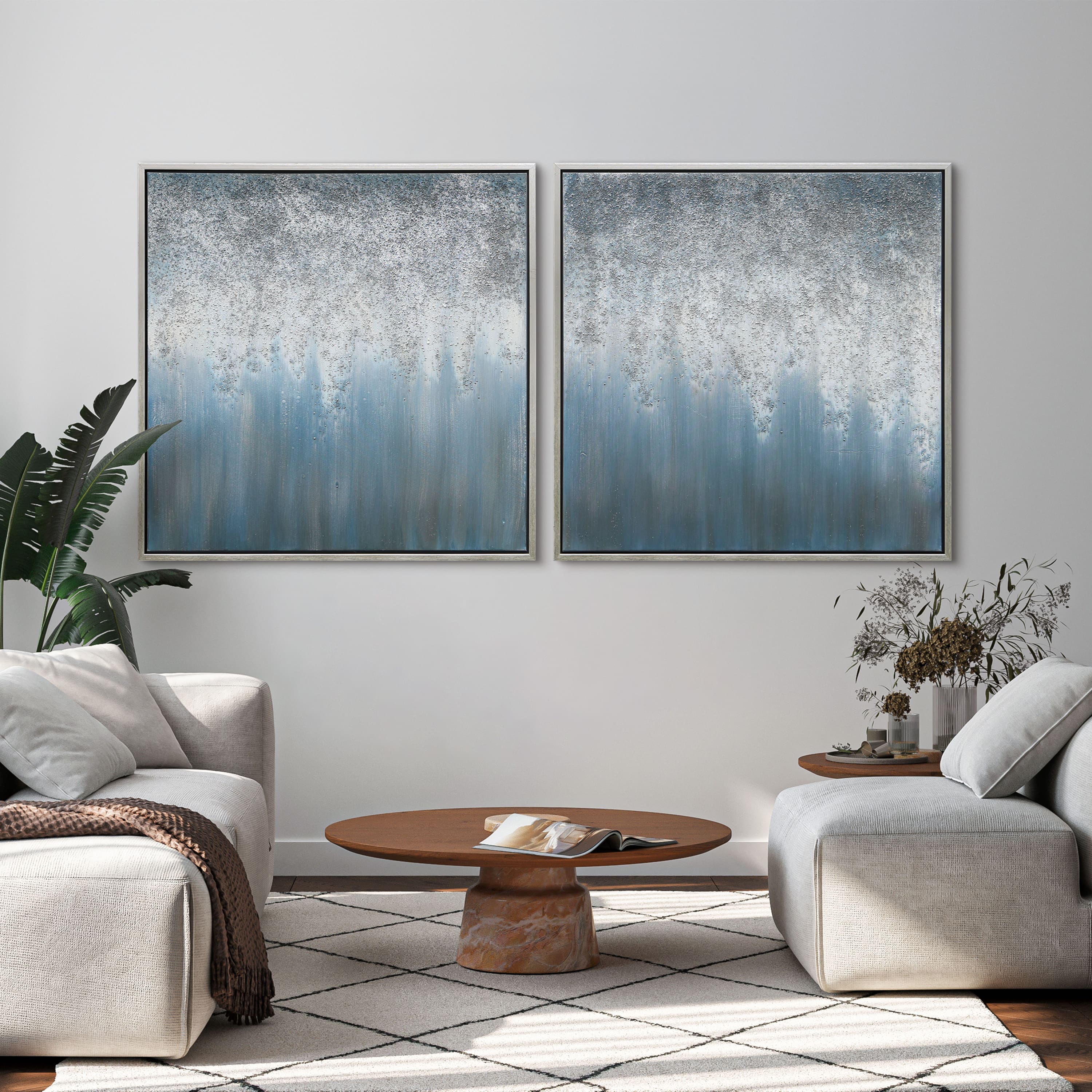 Empire Art Direct 36" x 36" Blue Rain Textured Metallic Glitter Hand Painted Canvas Wall Art Set