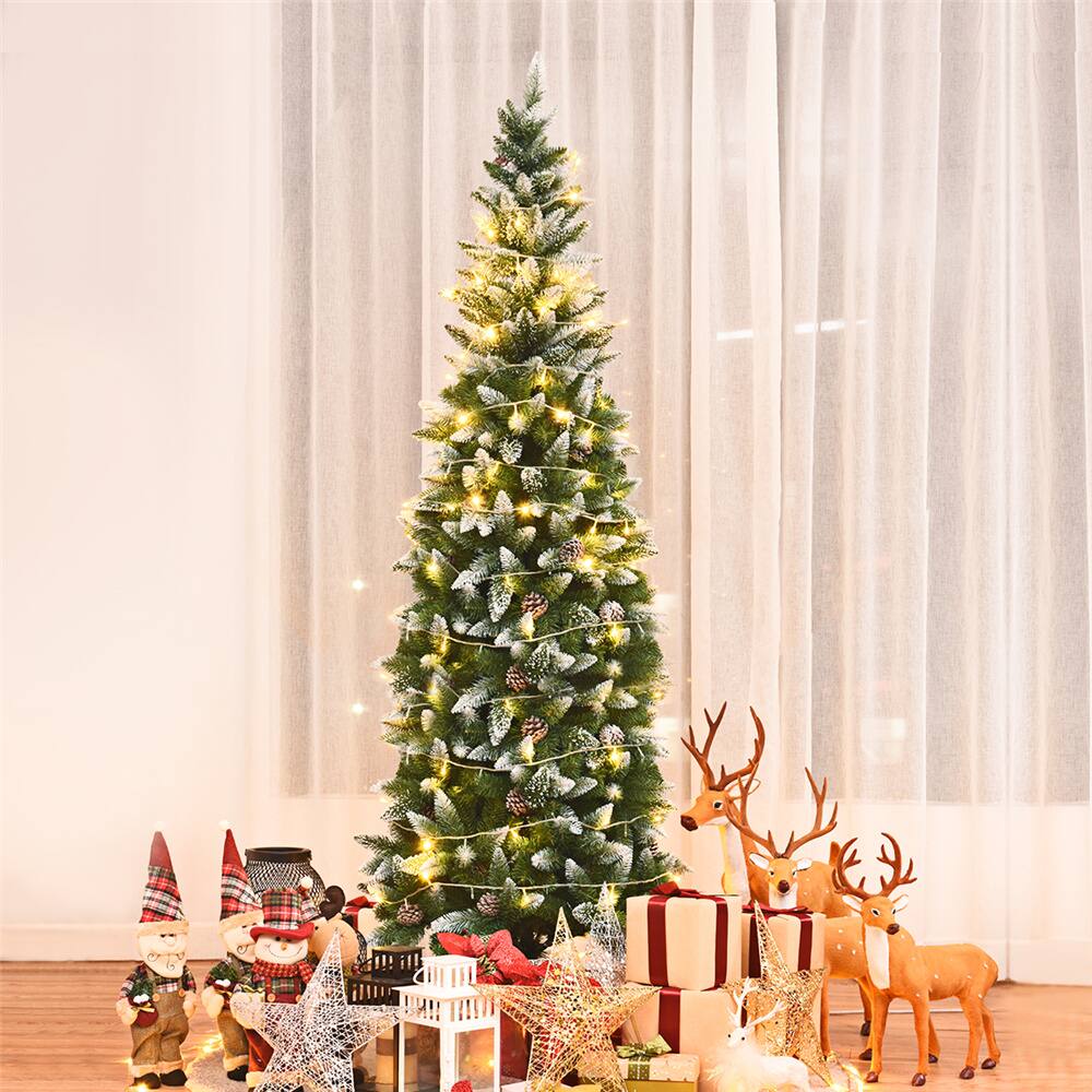 Costway 7.5ft. Snow Flocked Pencil Hinged Christmas Tree with Pinecones