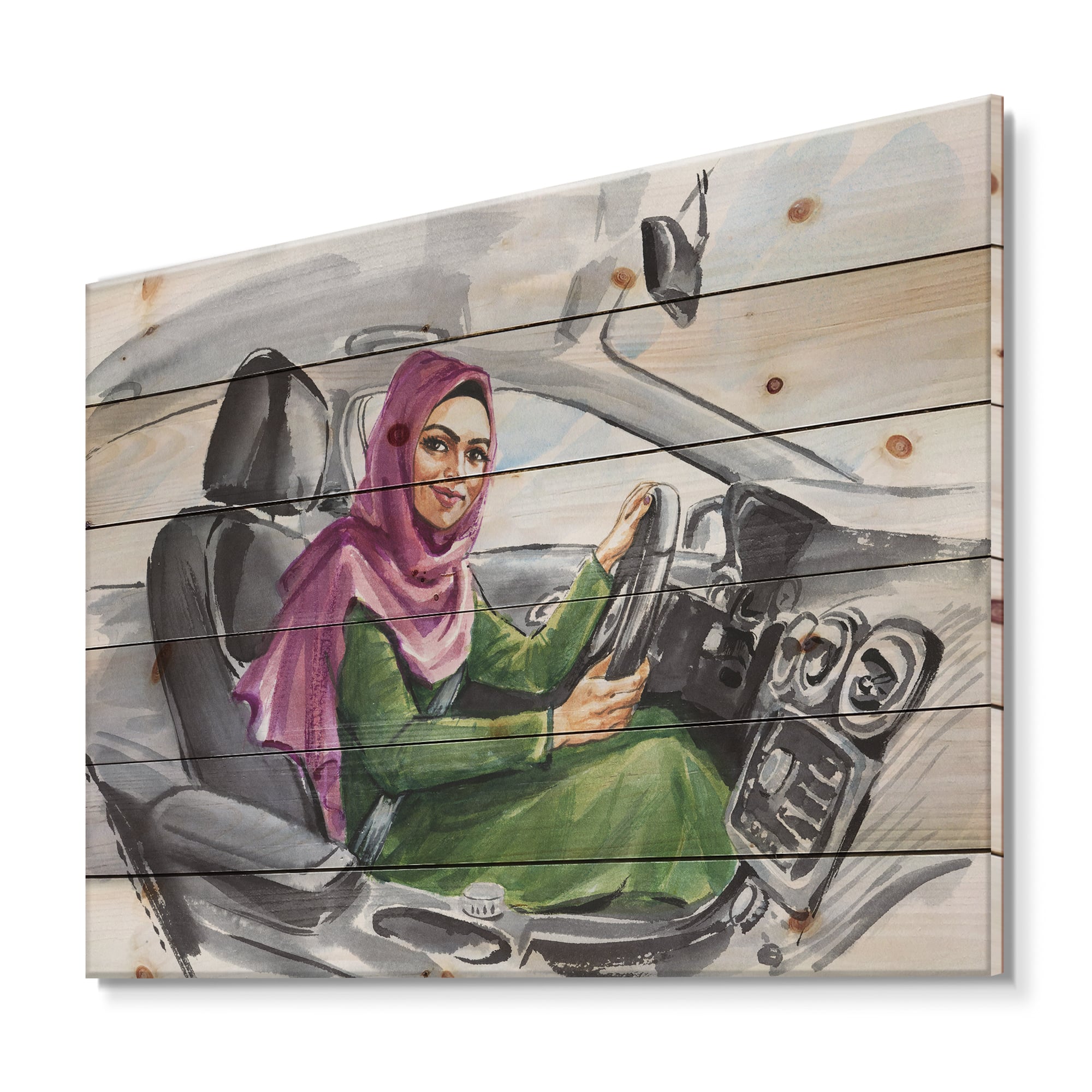 Designart - Arabian Woman Driving A Car II - Modern Print on Natural Pine Wood