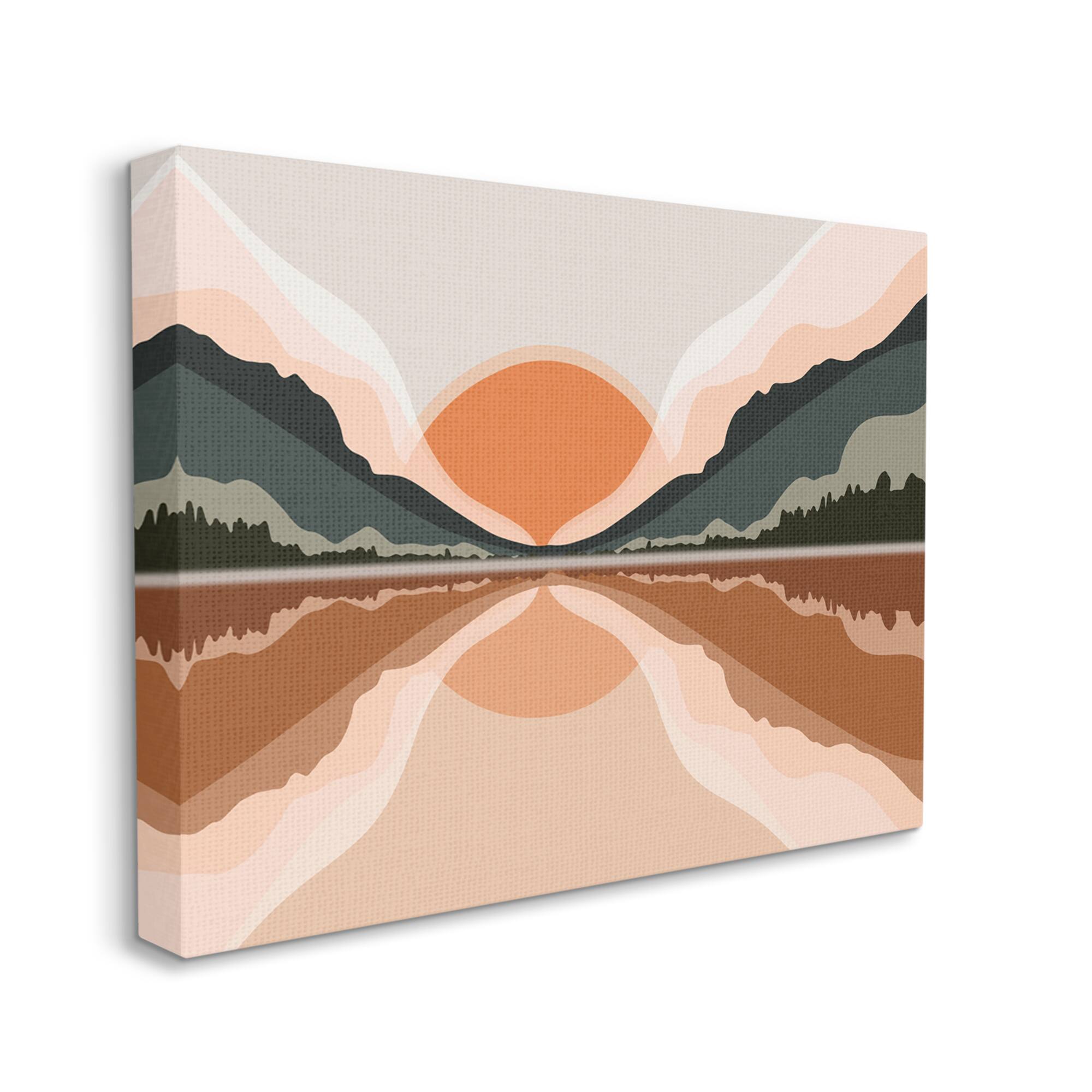 Stupell Industries Misty Sunrise Geometric Green Mountain Lake Reflection Canvas Wall Art