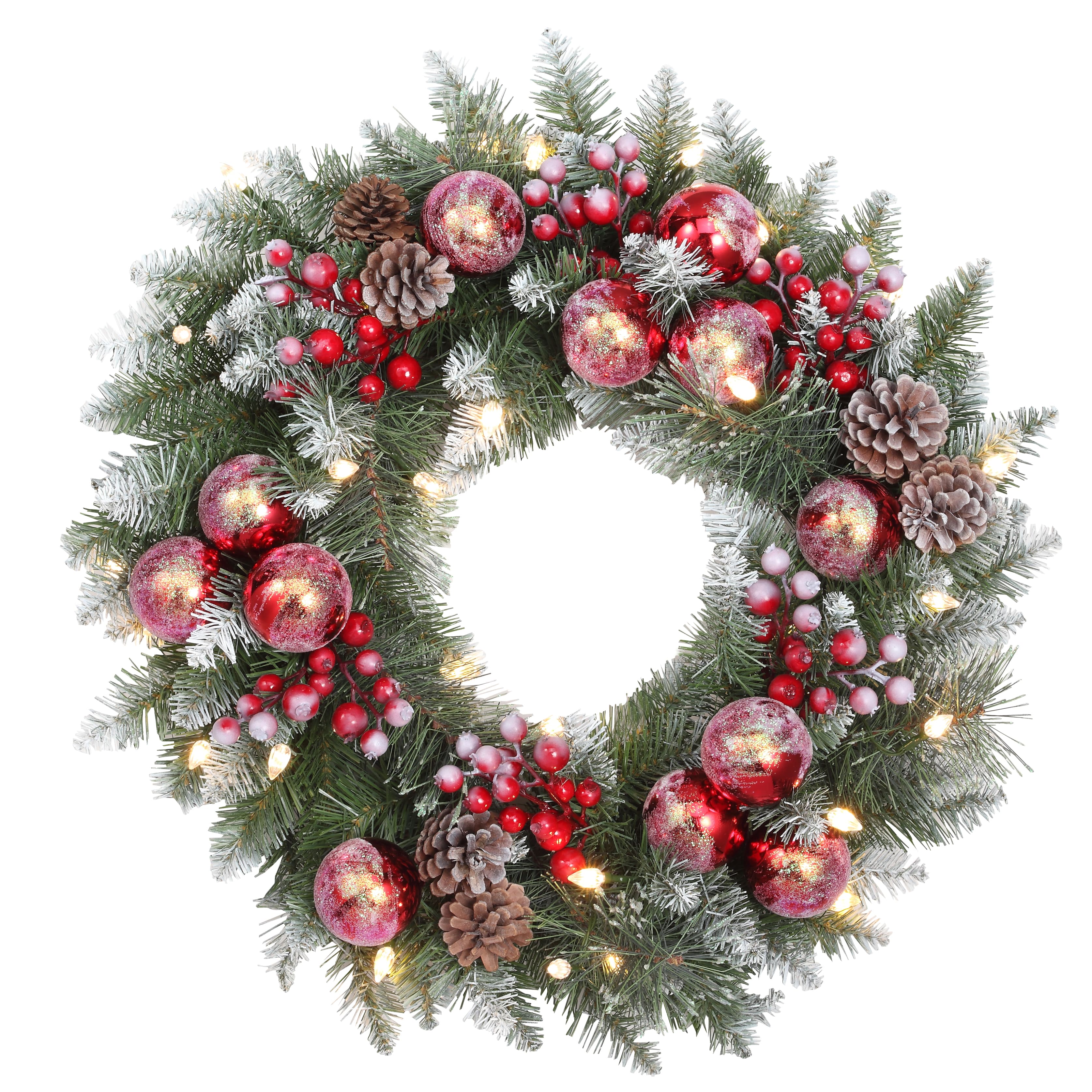 Haute Decor 24" Pre-Lit Frosted Ithica Pine Wreath, Soft White LED Lights