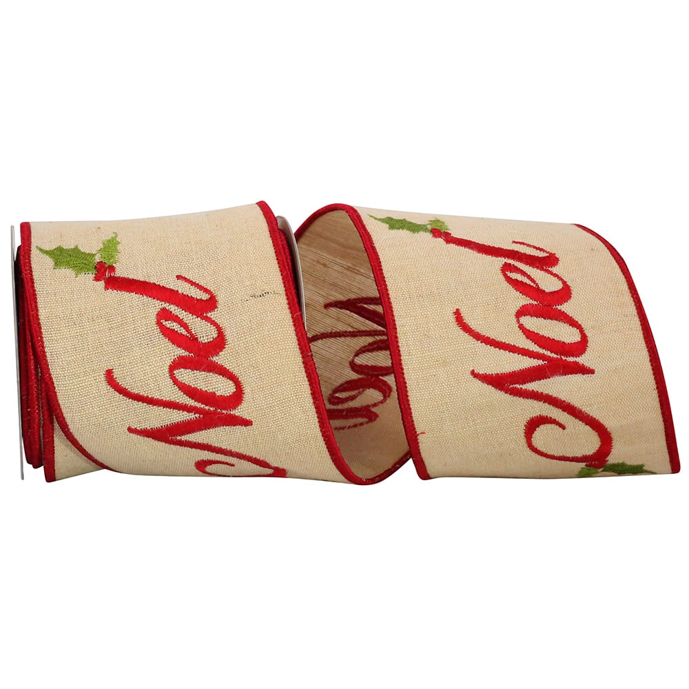 Reliant 4" x 5yd. Hopsack Embroidered Noel Natural Wired Ribbon