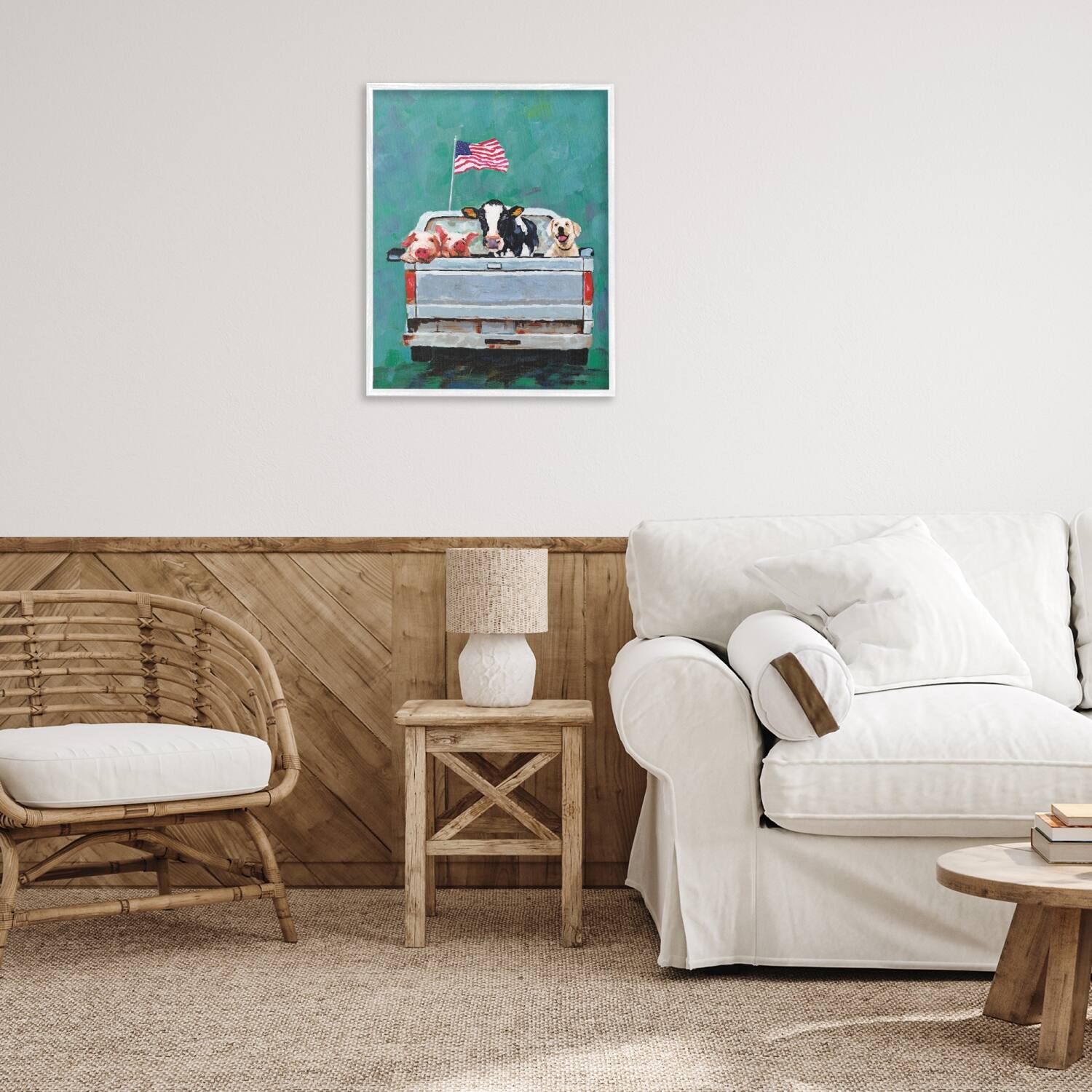 Stupell Industries Farm Animals Pickup Truck Waving American Flag Framed Giclee Art