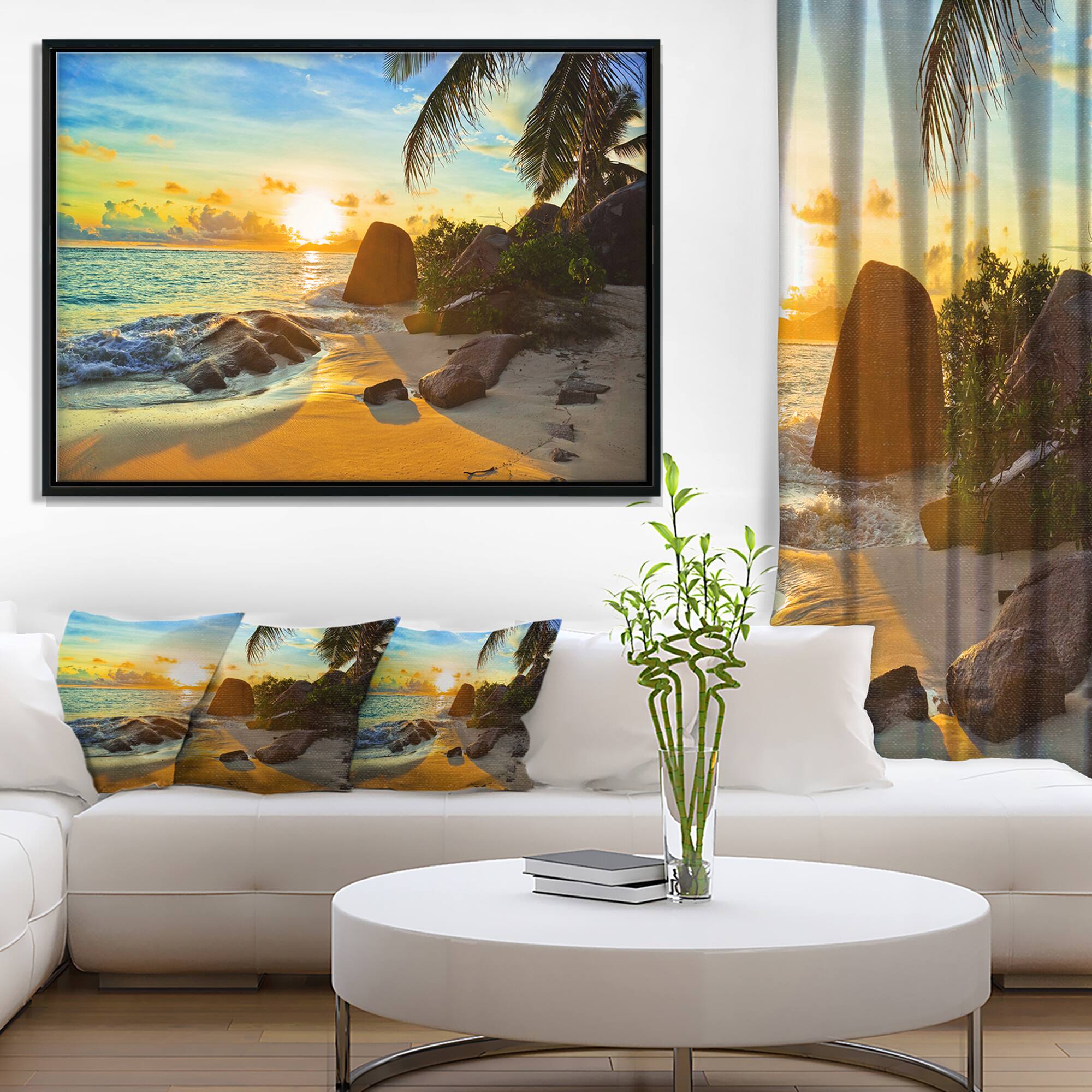 Designart - Sunset in Tropical Beach - Landscape Photography Canvas Print in Black Frame