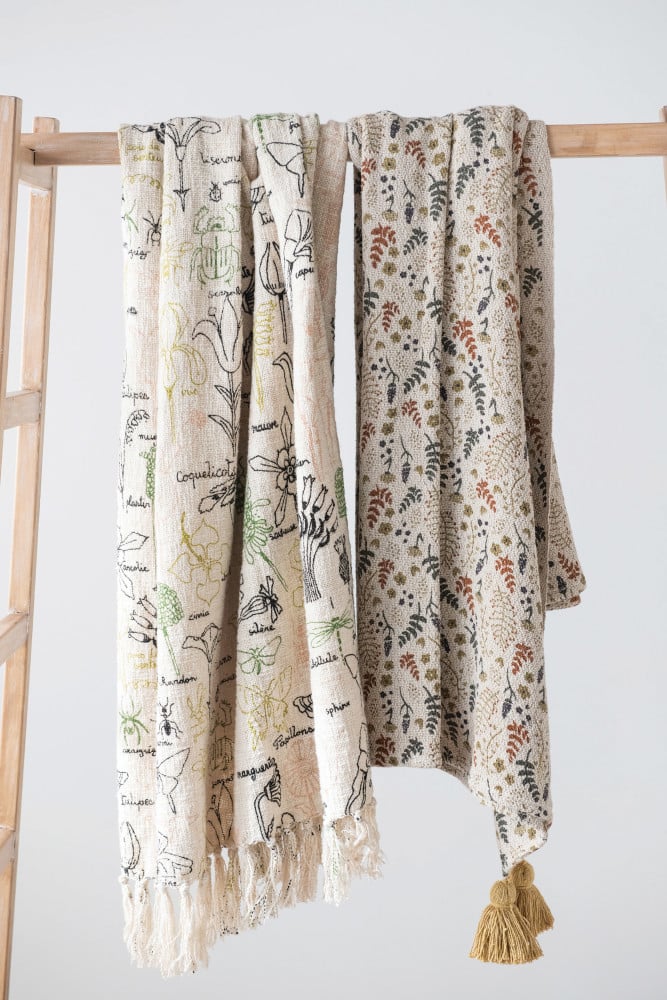 Hello Honey® Woven Recycled Cotton Blend Throw Blanket with Floral Pattern and Tassels